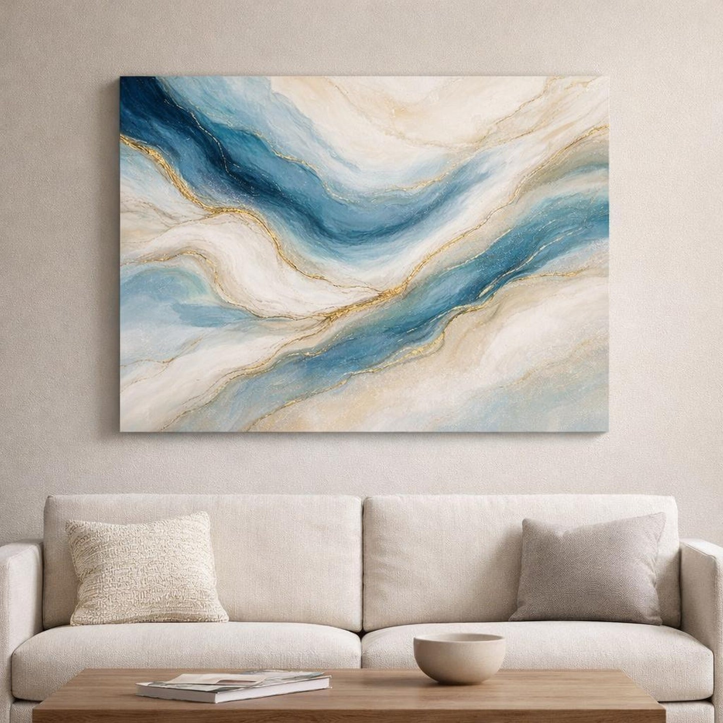 Abstract Abstract Swirls Blue Gold Abstract shown as canvas wall art in a luxury executive office