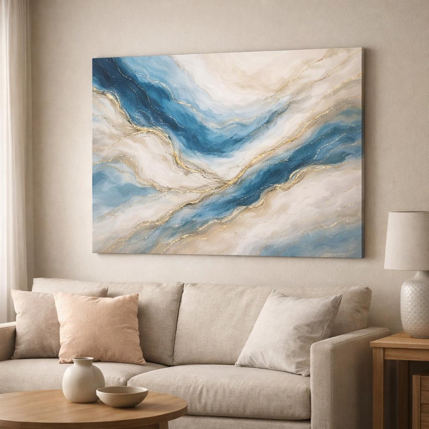 Abstract Abstract Swirls Blue Gold Abstract shown as canvas wall art in a modern living room
