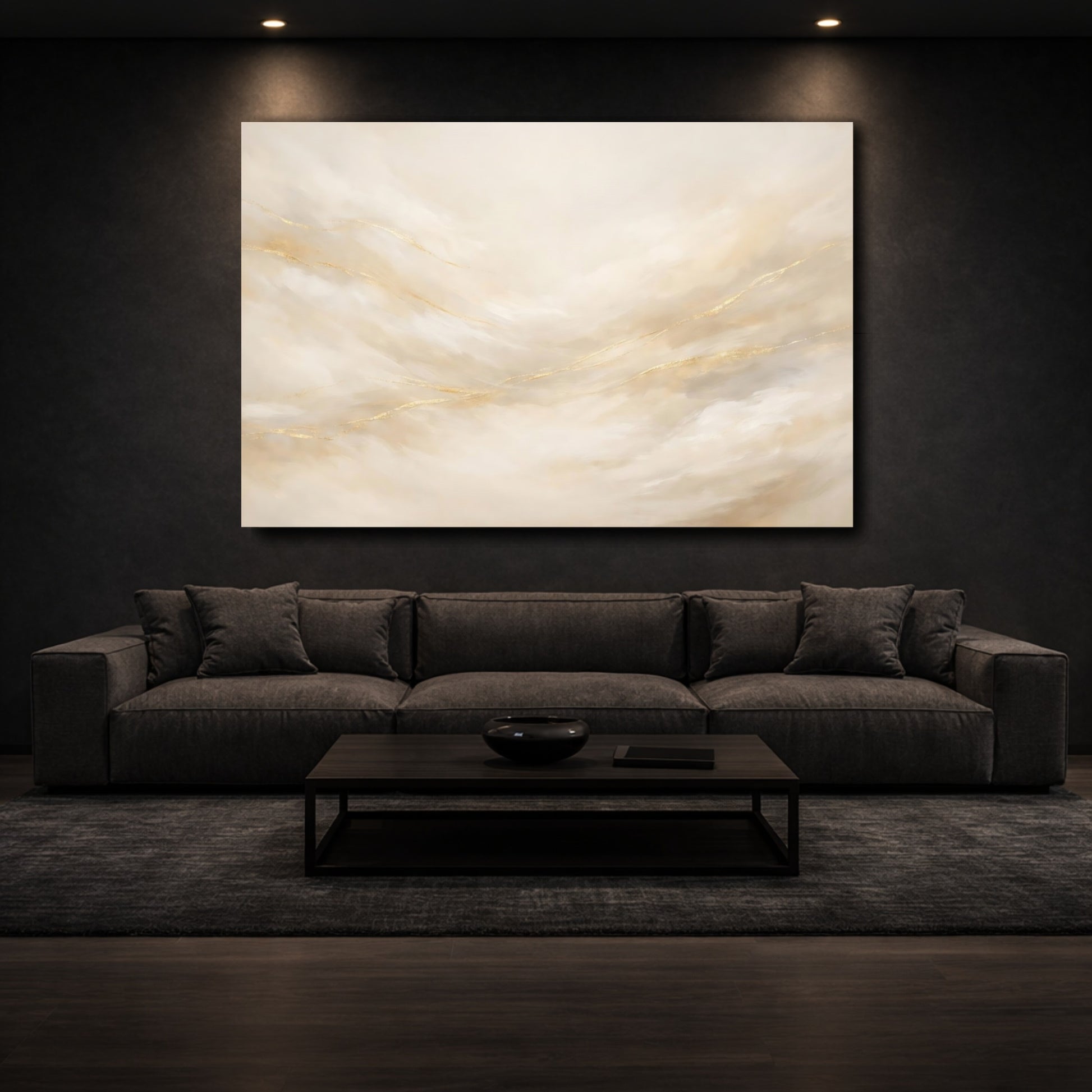 Mockup 2. Abstract Abstract Swirls Cream Gold Abstract shown as stretched canvas wall art