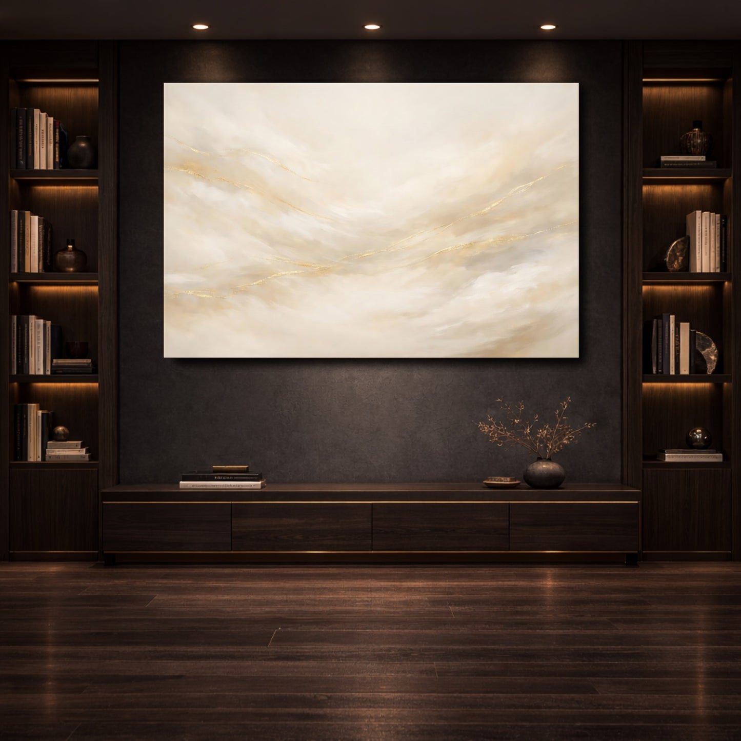 Mockup 3. Abstract Abstract Swirls Cream Gold Abstract shown as stretched canvas wall art