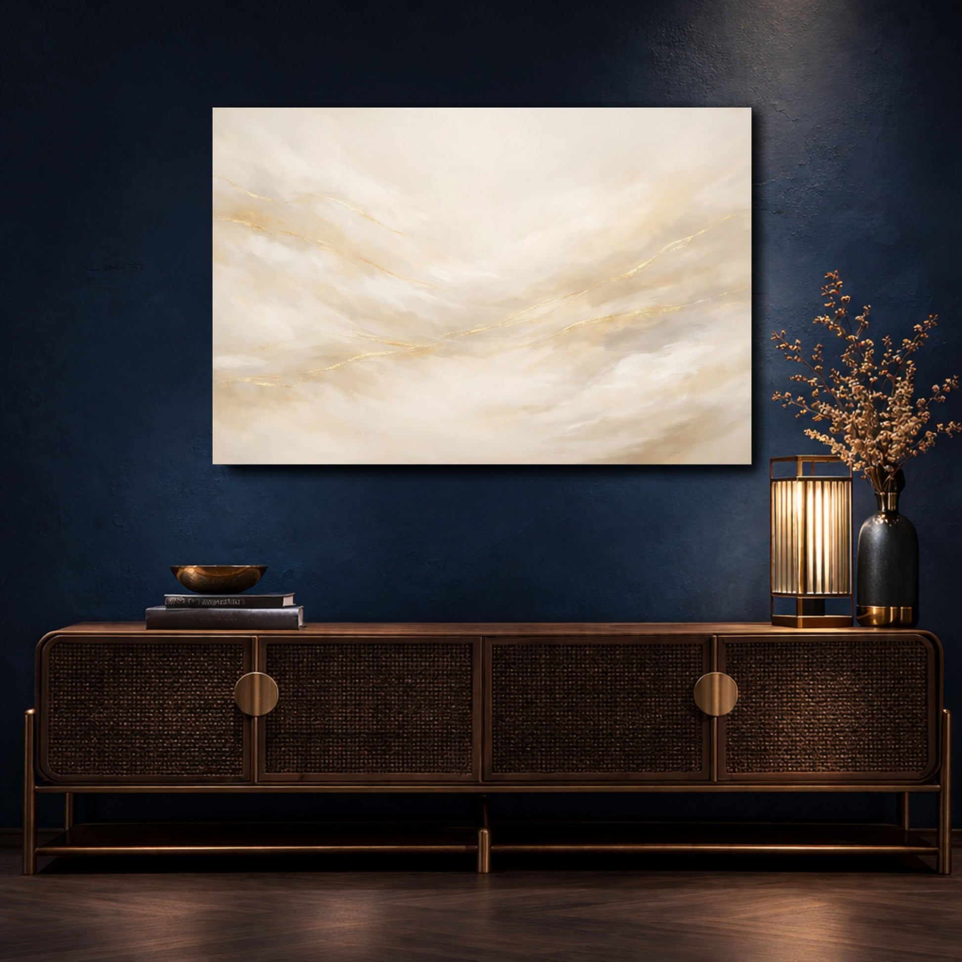 Mockup 4. Abstract Abstract Swirls Cream Gold Abstract shown as stretched canvas wall art