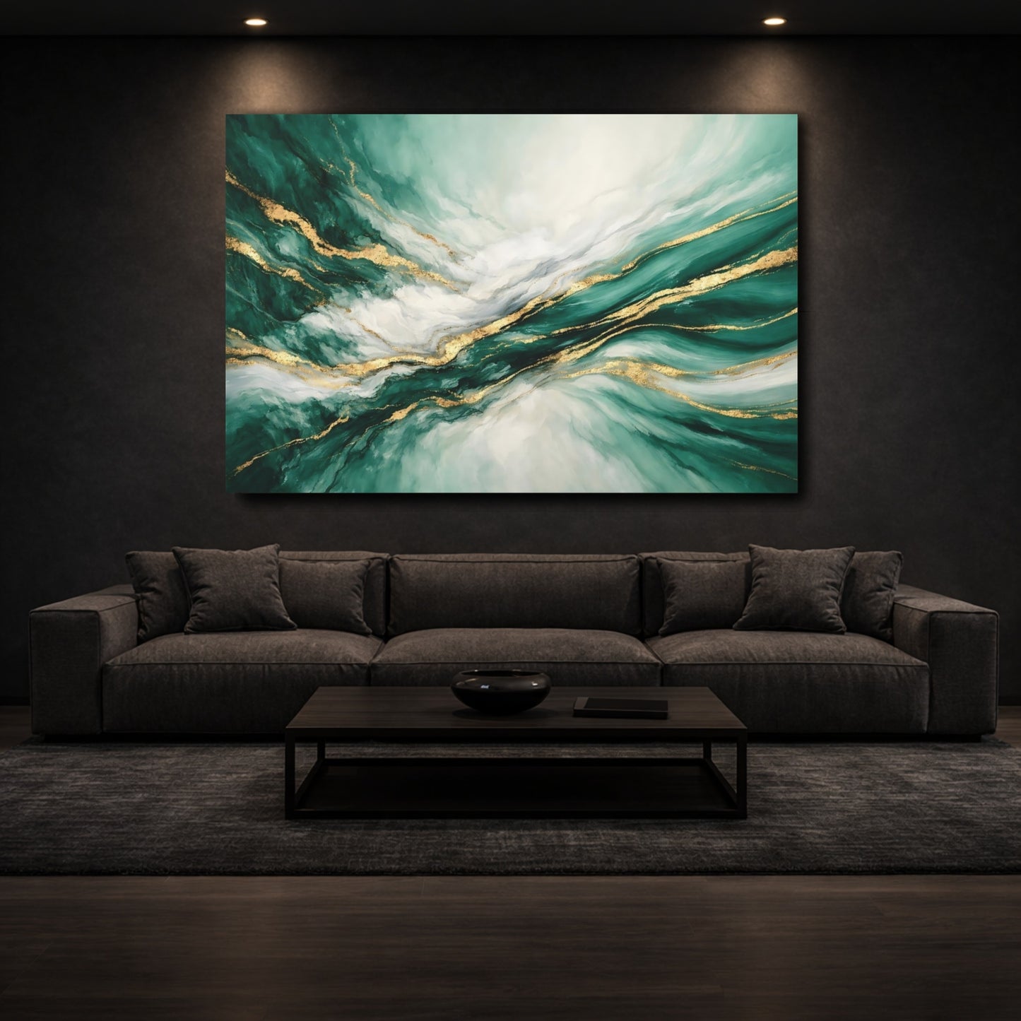 Mockup 2. Abstract Abstract Swirls Emerald Gold Abstract shown as stretched canvas wall art
