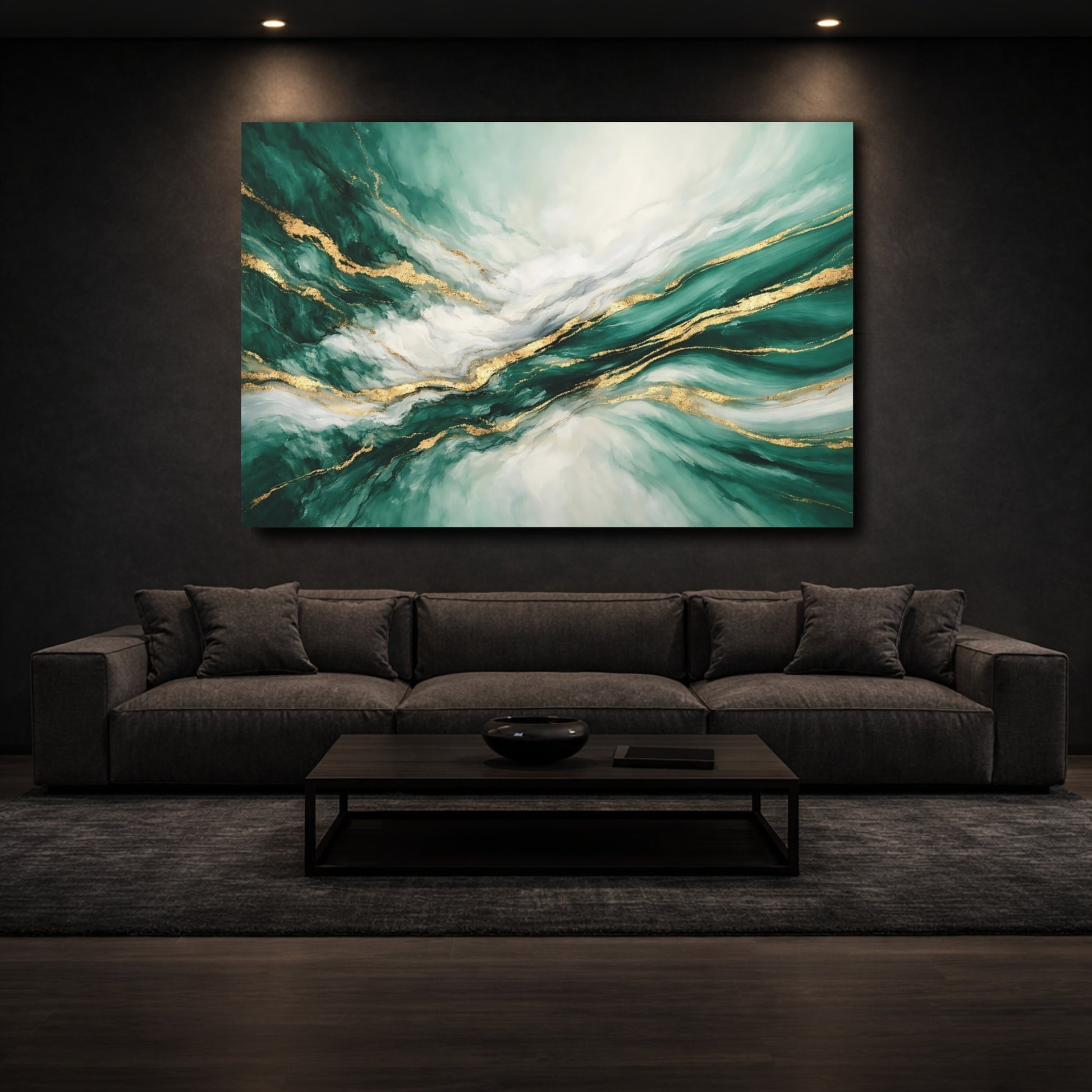 Mockup 2. Abstract Abstract Swirls Emerald Gold Abstract shown as stretched canvas wall art