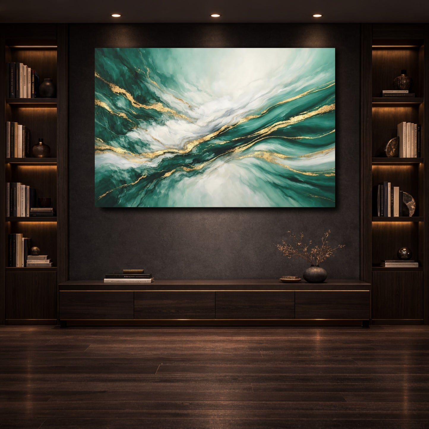 Mockup 3. Abstract Abstract Swirls Emerald Gold Abstract shown as stretched canvas wall art