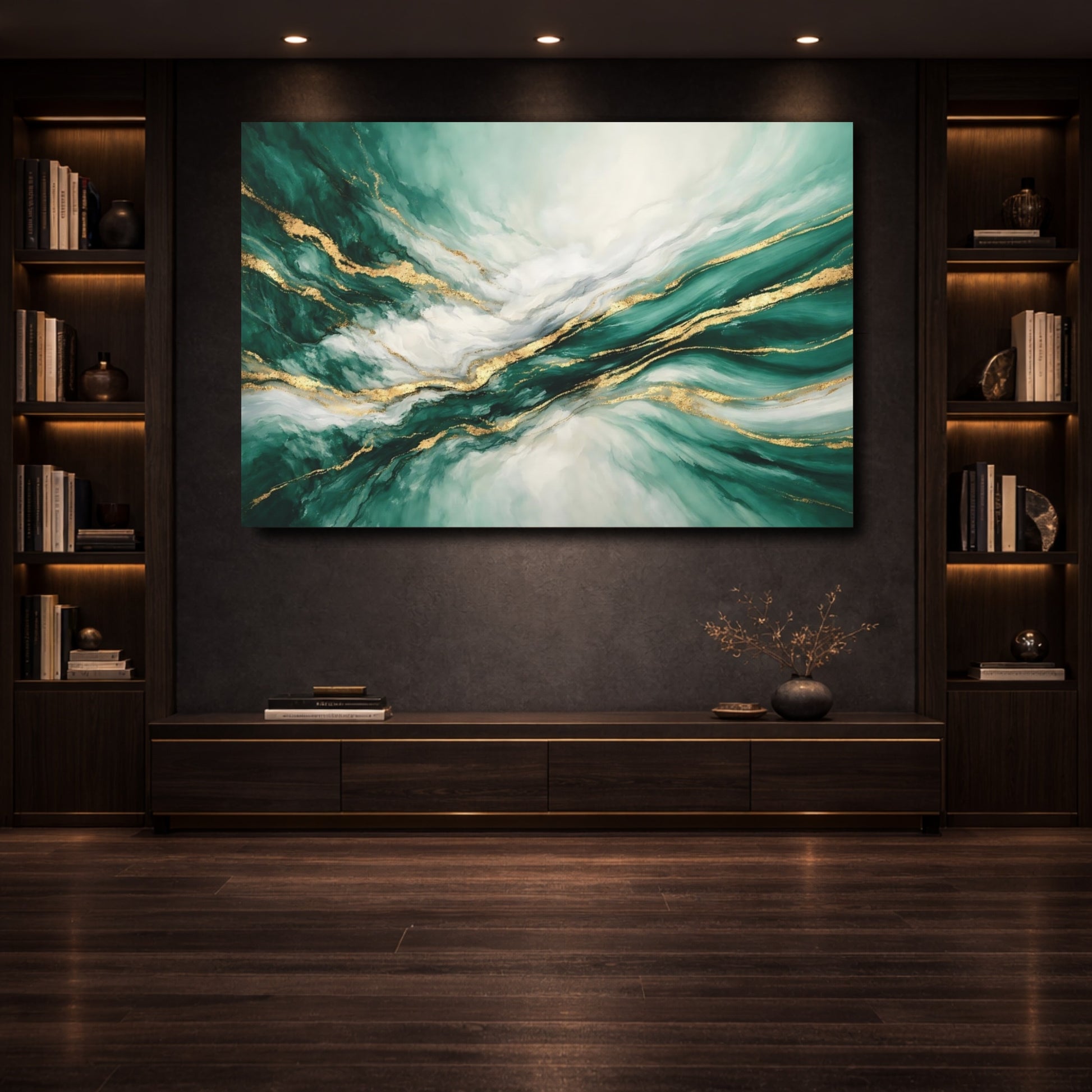 Mockup 3. Abstract Abstract Swirls Emerald Gold Abstract shown as stretched canvas wall art