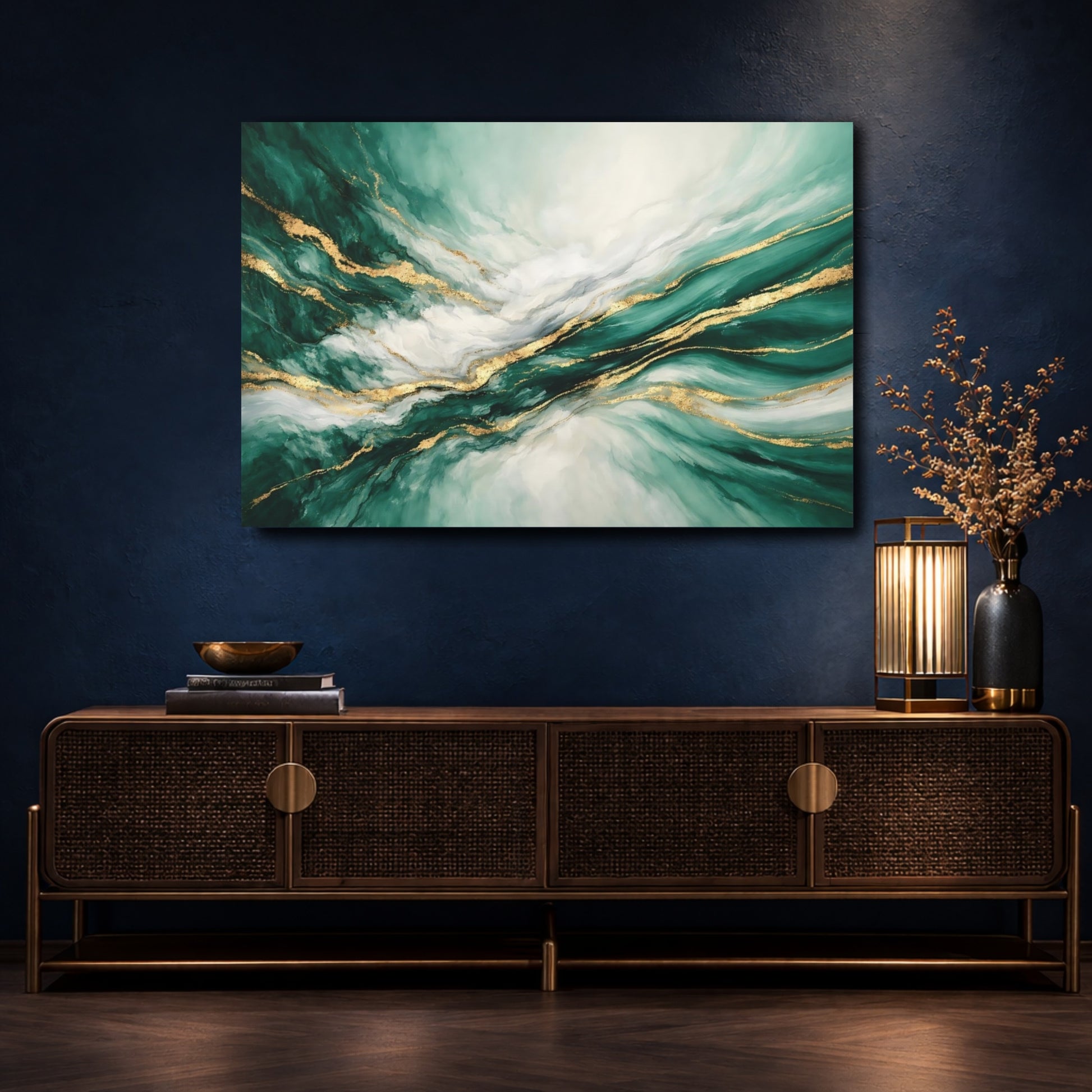 Mockup 4. Abstract Abstract Swirls Emerald Gold Abstract shown as stretched canvas wall art