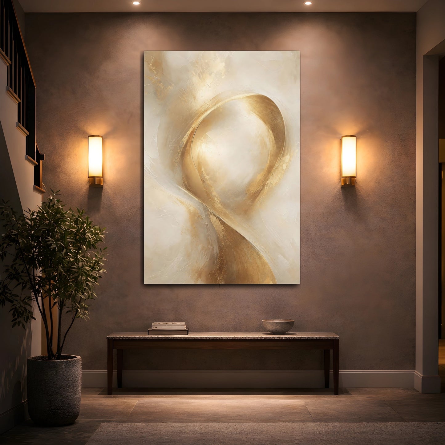 Mockup 2. Abstract Abstract Swirls Gold And Beige shown as stretched canvas wall art