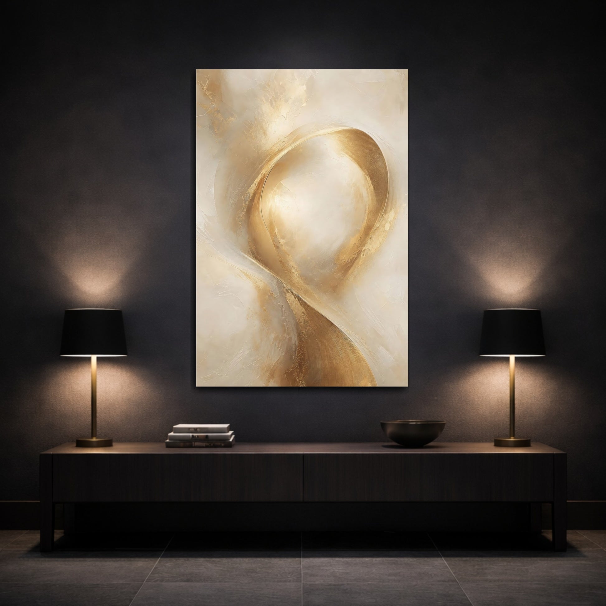 Mockup 3. Abstract Abstract Swirls Gold And Beige shown as stretched canvas wall art