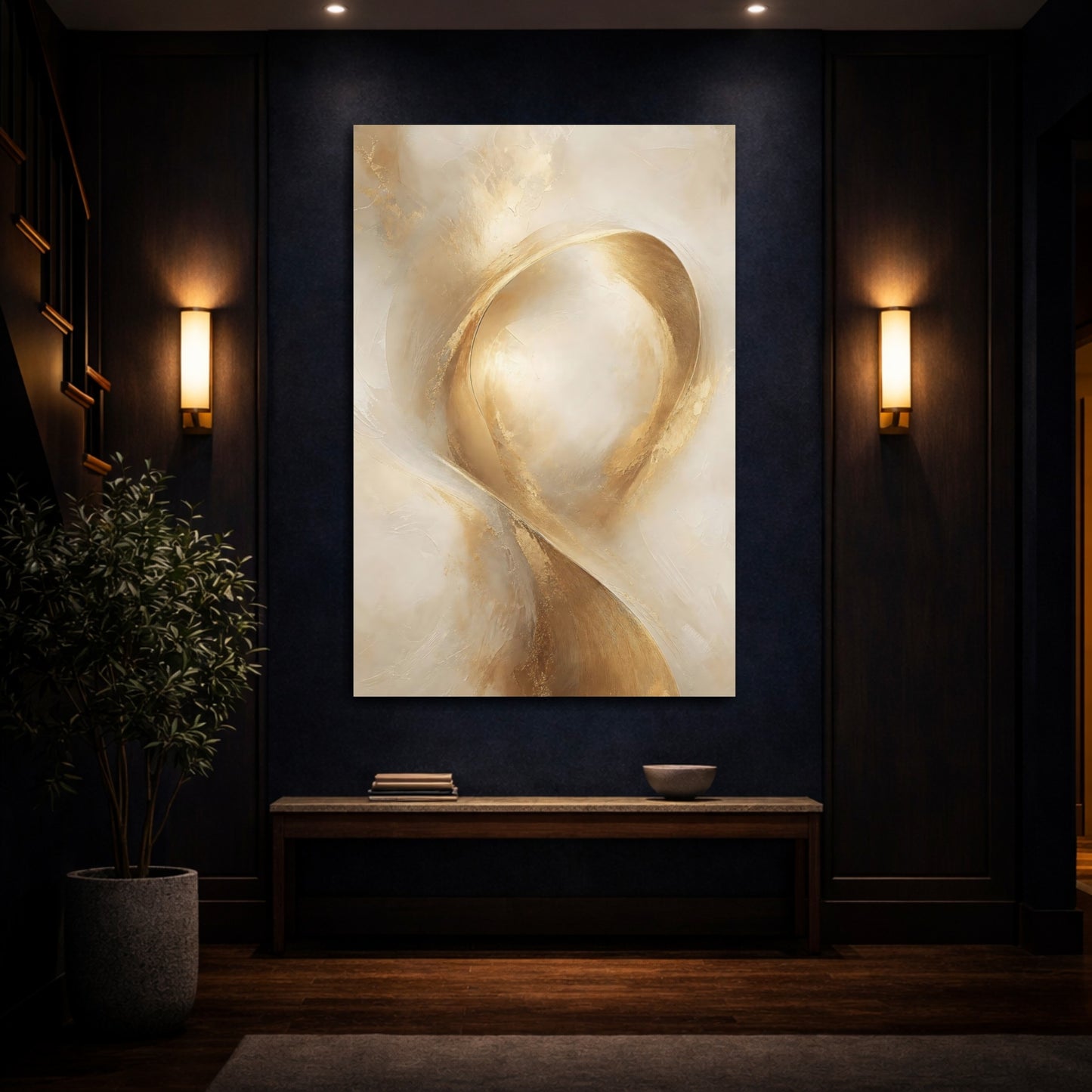 Mockup 4. Abstract Abstract Swirls Gold And Beige shown as stretched canvas wall art