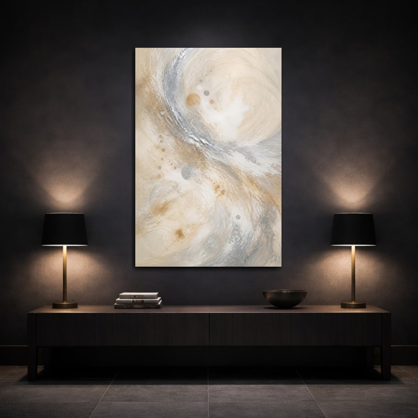 Mockup 3. Abstract Abstract Swirls Gold Silver Abstract shown as stretched canvas wall art