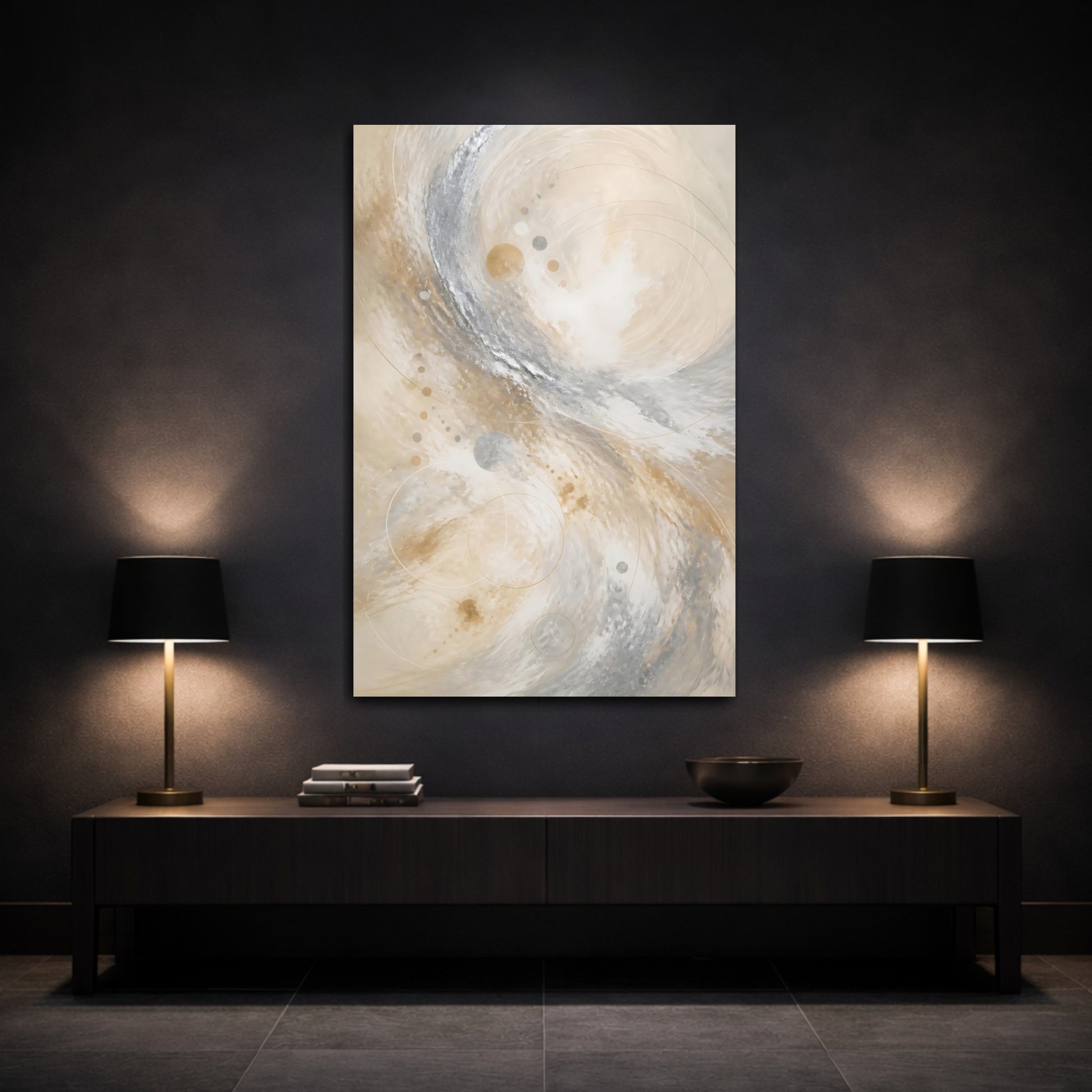 Mockup 3. Abstract Abstract Swirls Gold Silver Abstract shown as stretched canvas wall art
