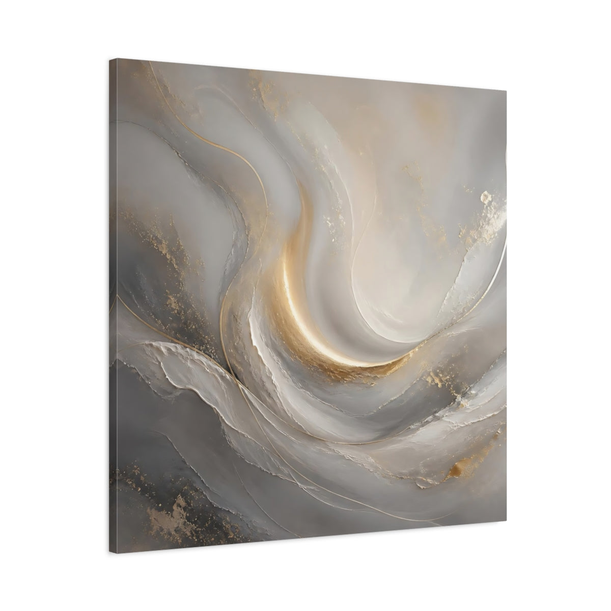 Main Mockup. Abstract Abstract Swirls Gray And Gold shown as stretched canvas wall art