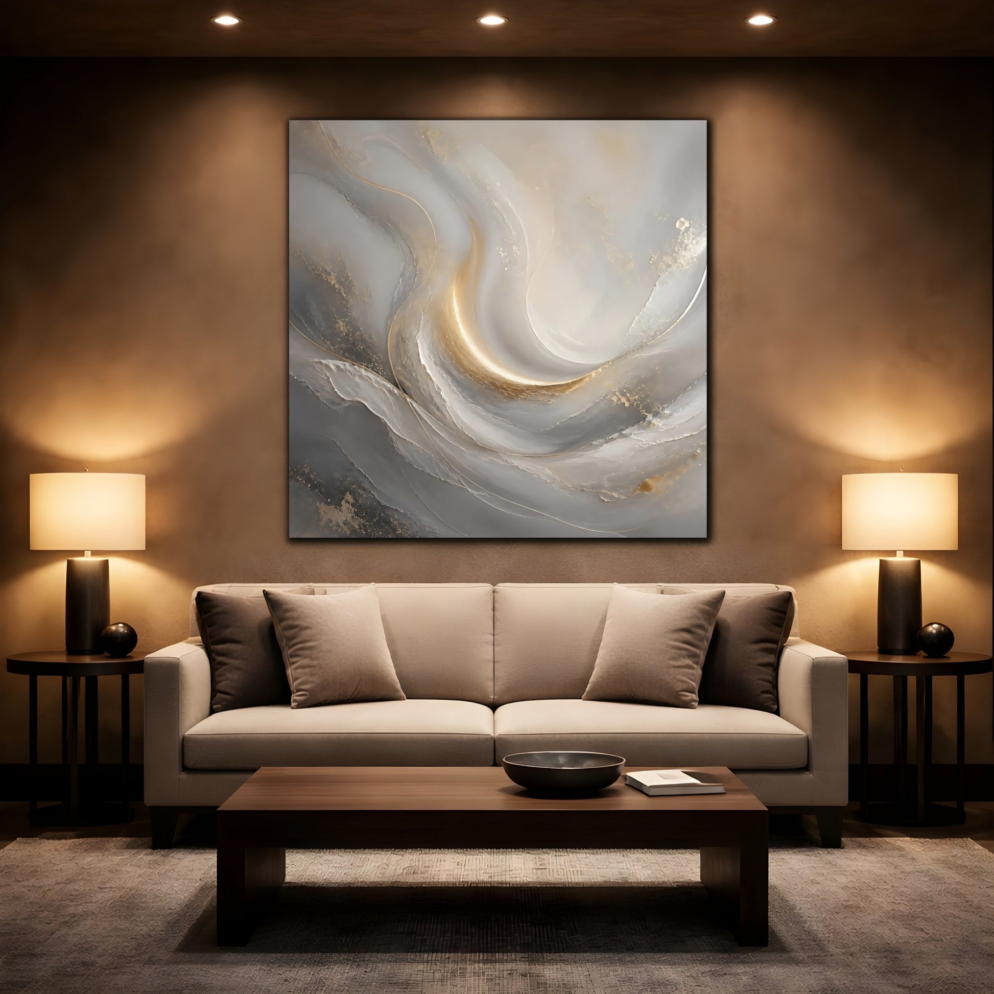 Mockup 2. Abstract Abstract Swirls Gray And Gold shown as stretched canvas wall art