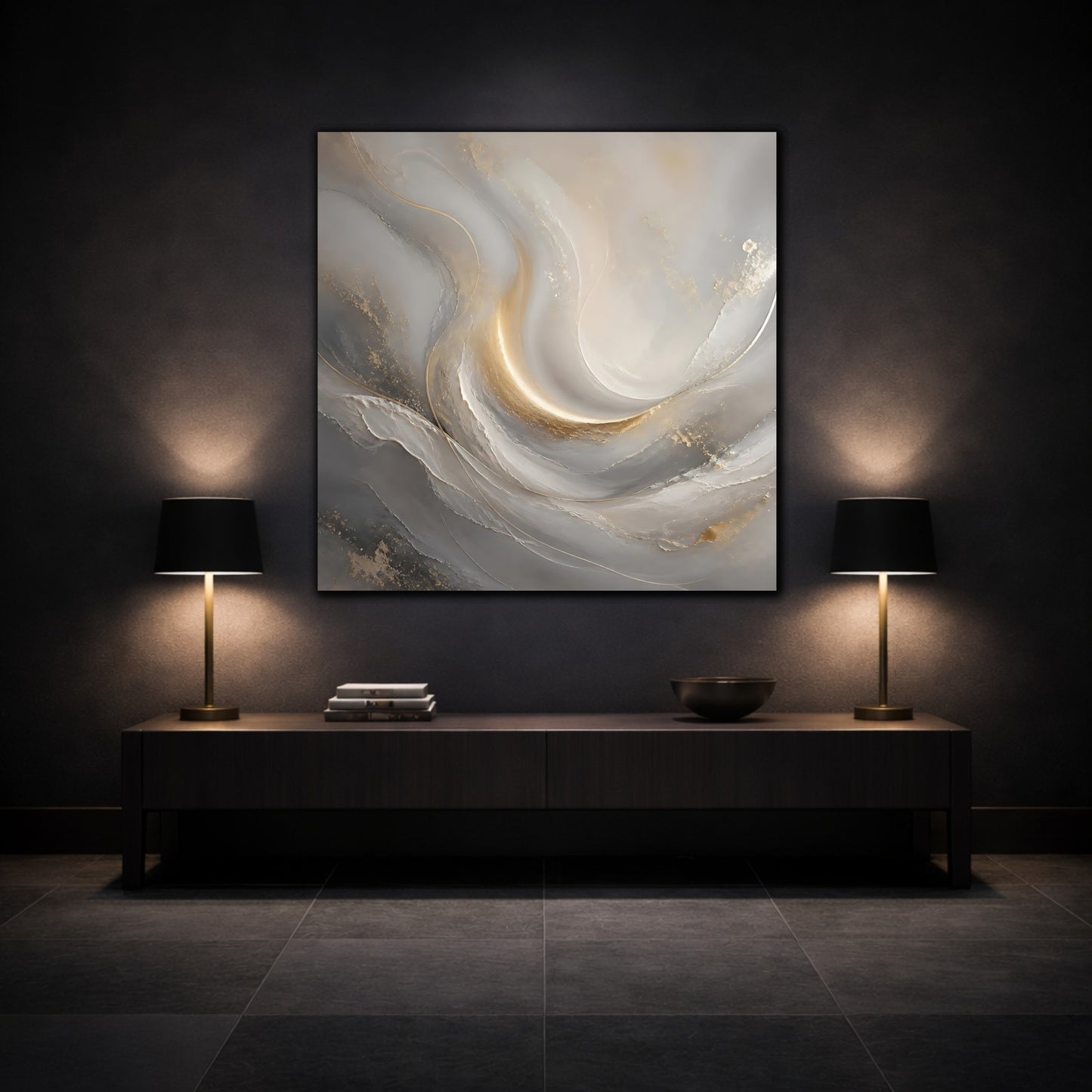 Mockup 3. Abstract Abstract Swirls Gray And Gold shown as stretched canvas wall art