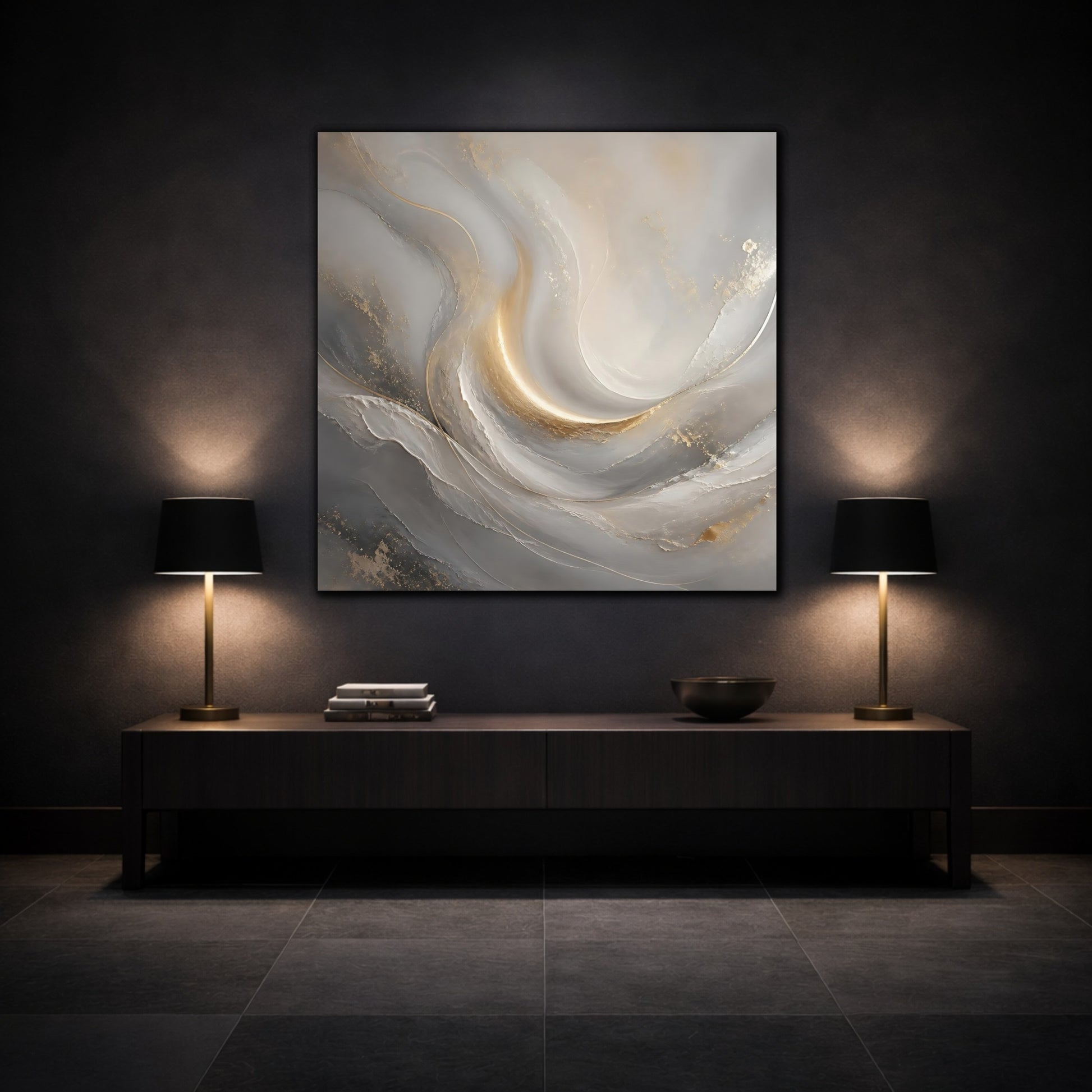 Mockup 3. Abstract Abstract Swirls Gray And Gold shown as stretched canvas wall art