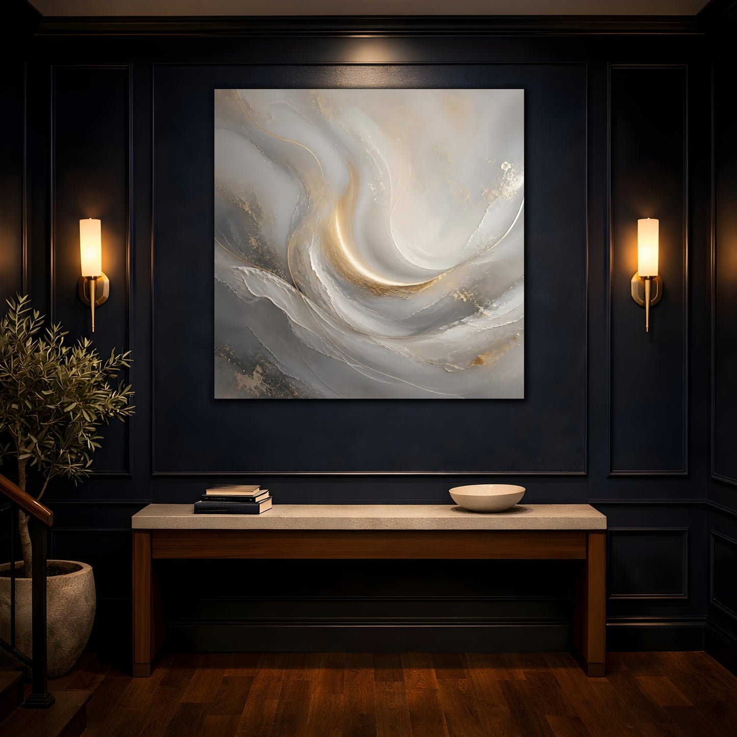 Mockup 4. Abstract Abstract Swirls Gray And Gold shown as stretched canvas wall art