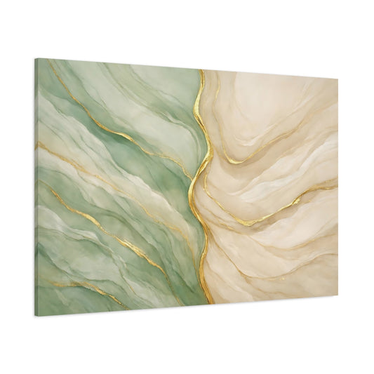 Main Mockup. Abstract Abstract Swirls Green Gold Abstract shown as stretched canvas wall art