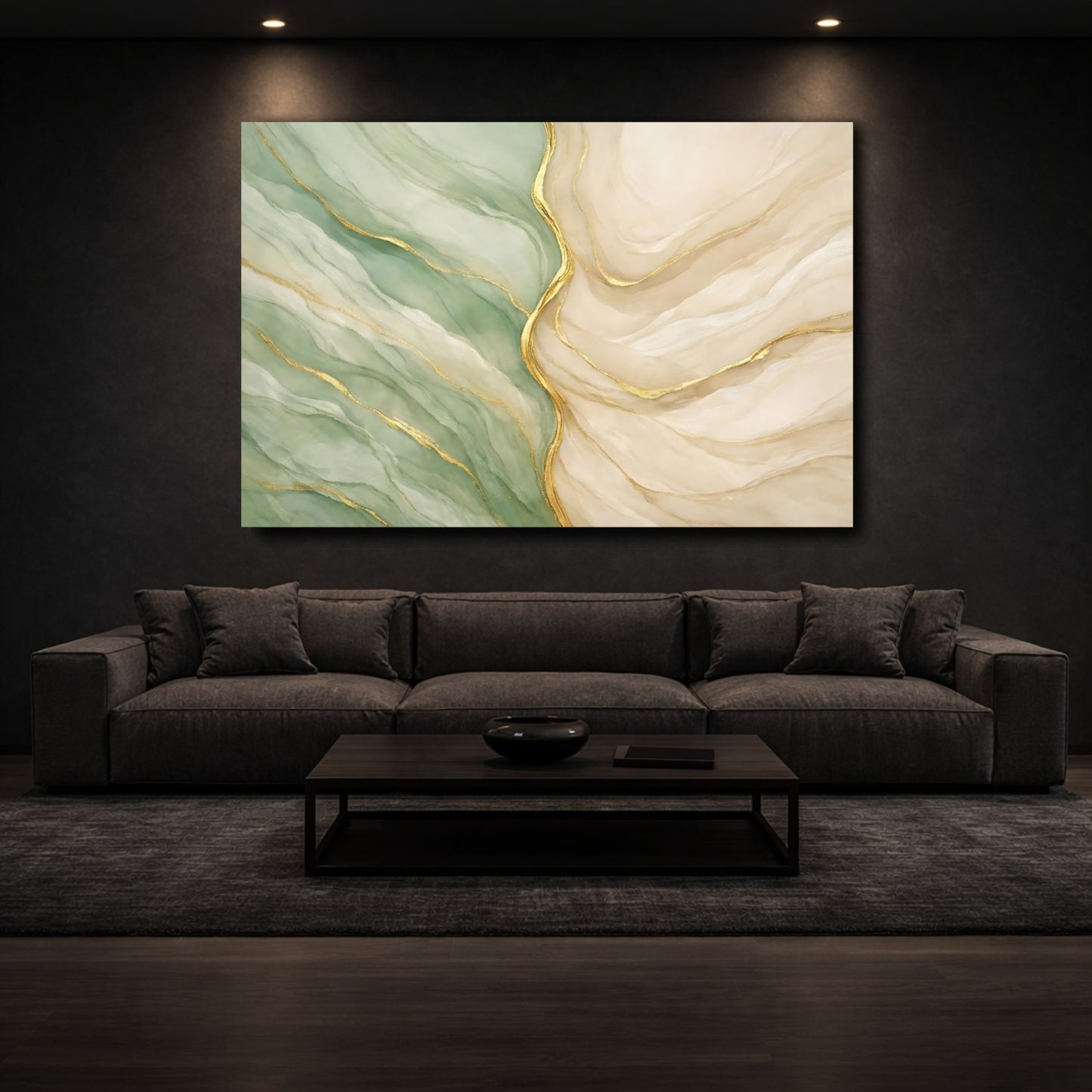 Mockup 2. Abstract Abstract Swirls Green Gold Abstract shown as stretched canvas wall art