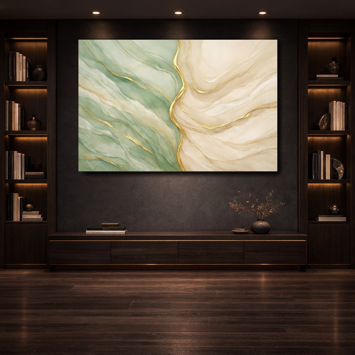 Mockup 3. Abstract Abstract Swirls Green Gold Abstract shown as stretched canvas wall art