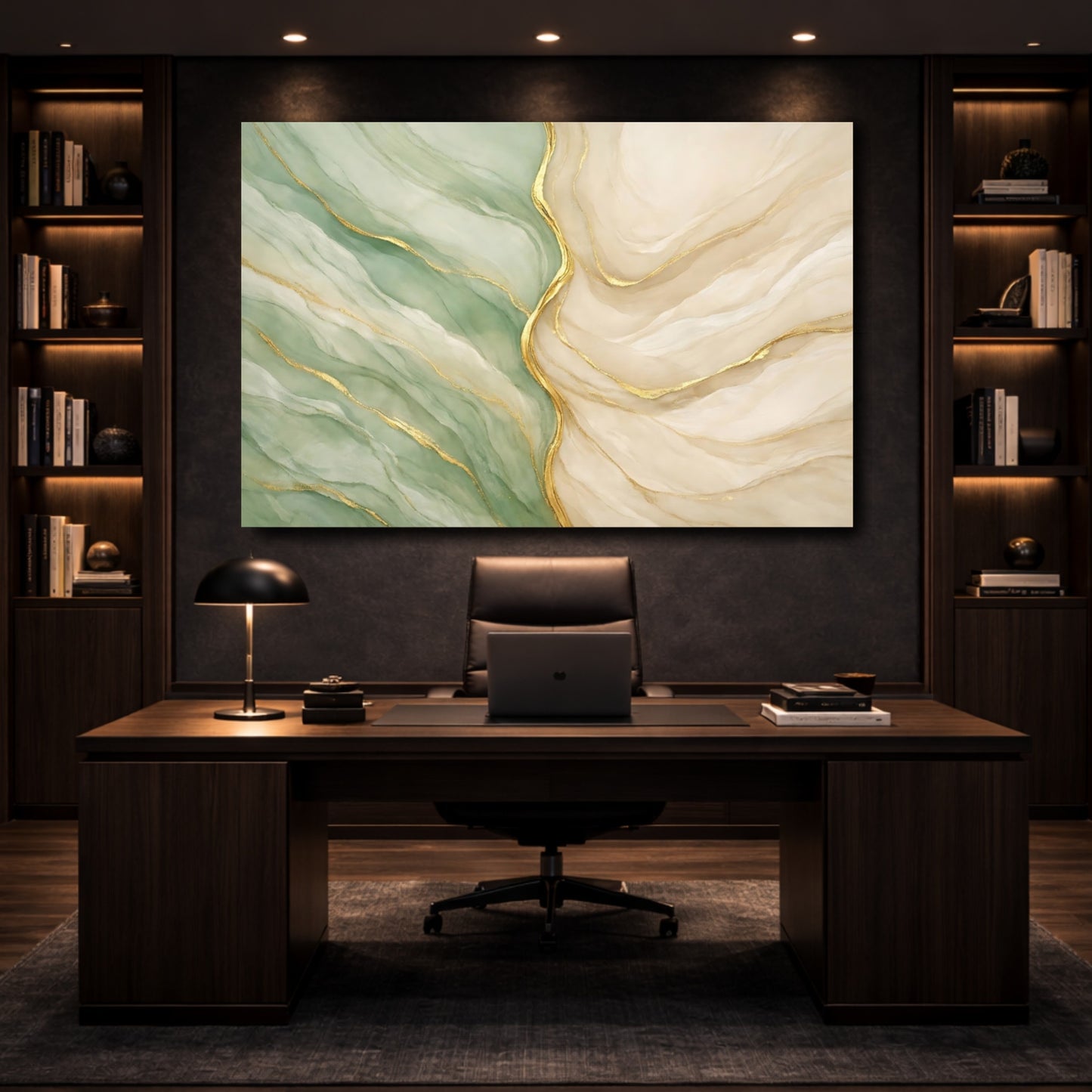 Mockup 4. Abstract Abstract Swirls Green Gold Abstract shown as stretched canvas wall art