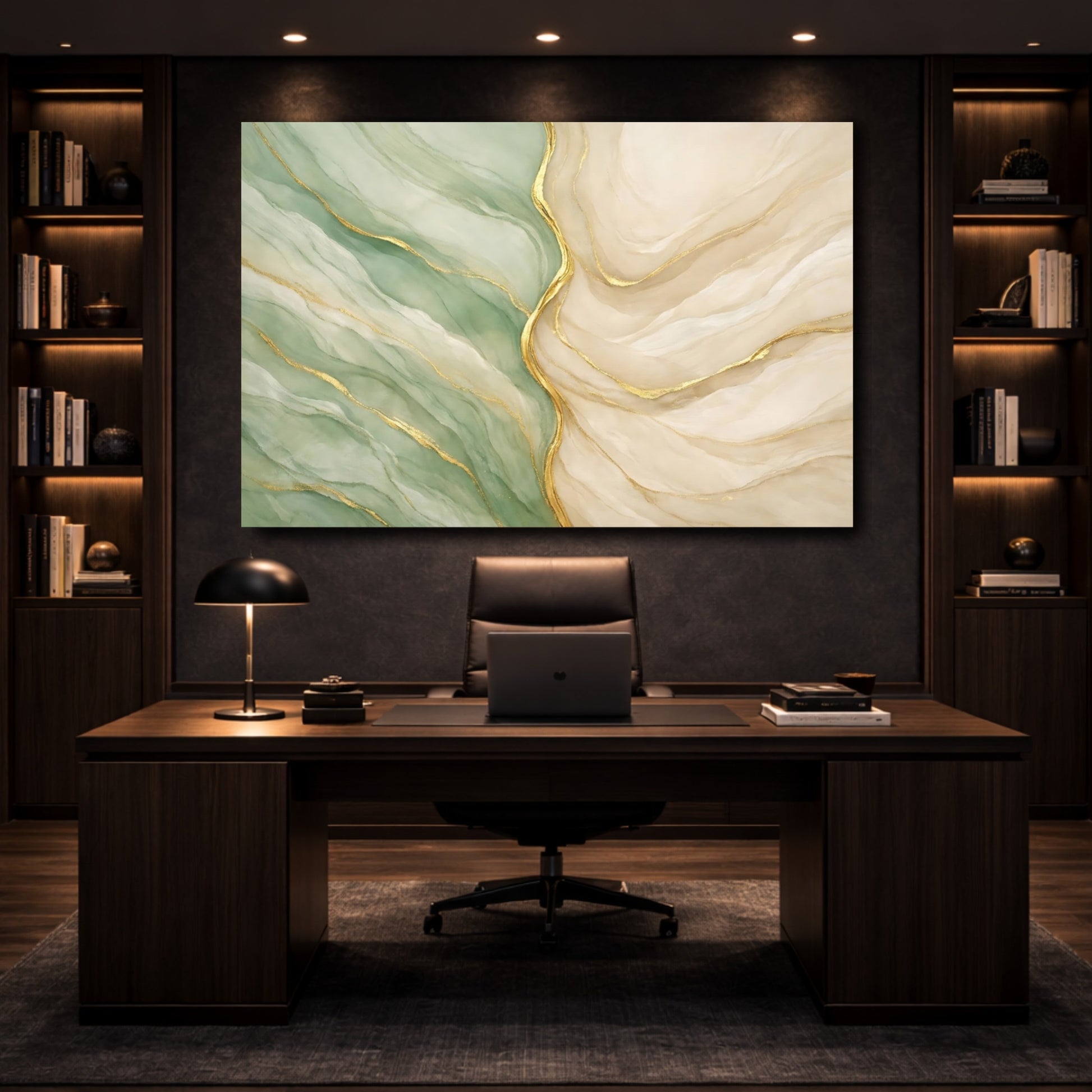 Mockup 4. Abstract Abstract Swirls Green Gold Abstract shown as stretched canvas wall art