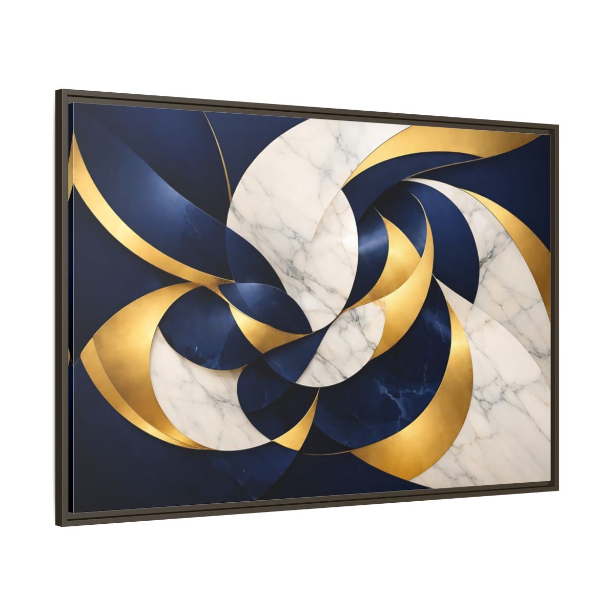 Main Mockup. Abstract Abstract Swirls Navy Gold Abstract shown as stretched canvas wall art