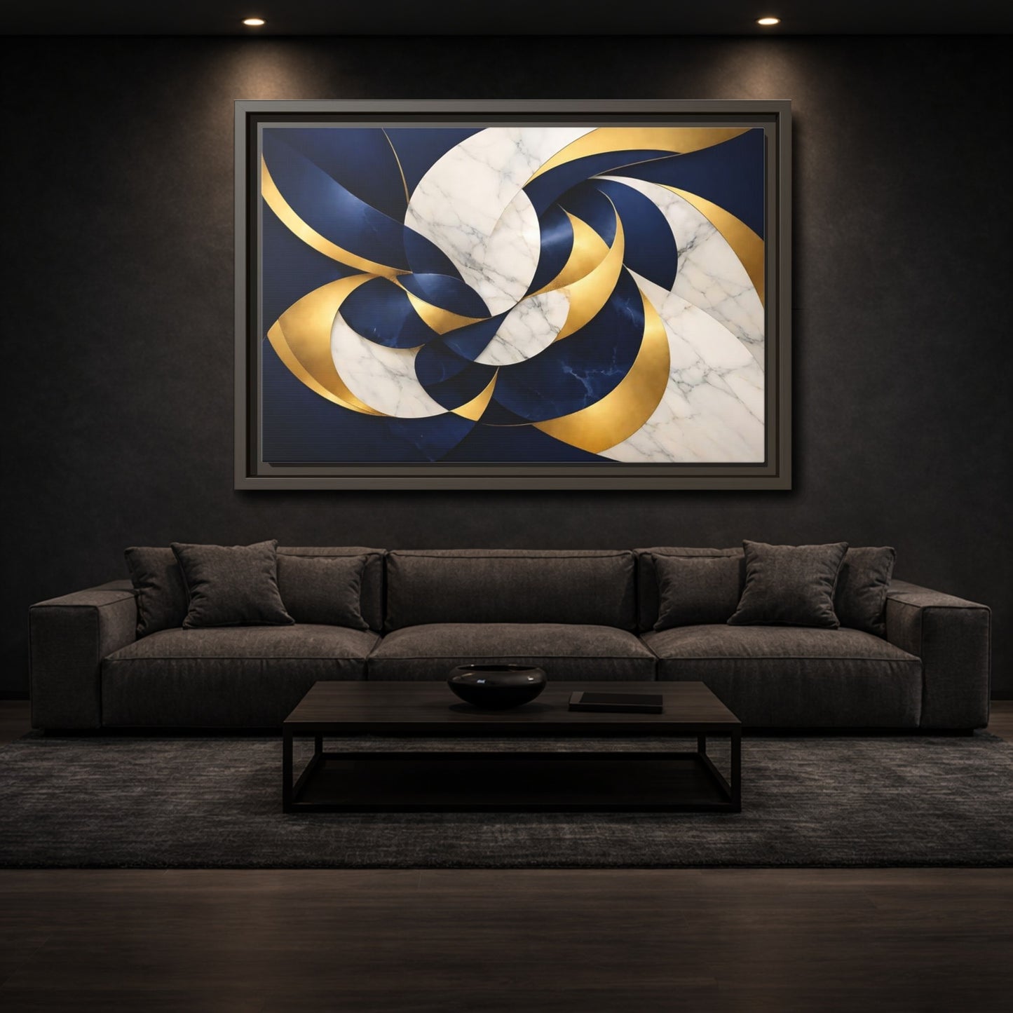 Mockup 2. Abstract Abstract Swirls Navy Gold Abstract shown as stretched canvas wall art