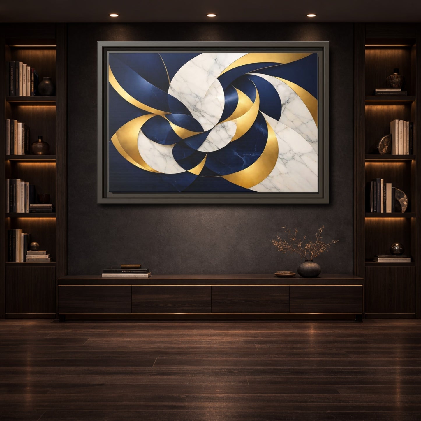 Mockup 3. Abstract Abstract Swirls Navy Gold Abstract shown as stretched canvas wall art