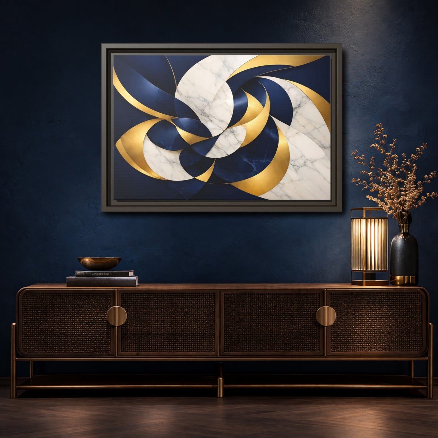 Mockup 4. Abstract Abstract Swirls Navy Gold Abstract shown as stretched canvas wall art