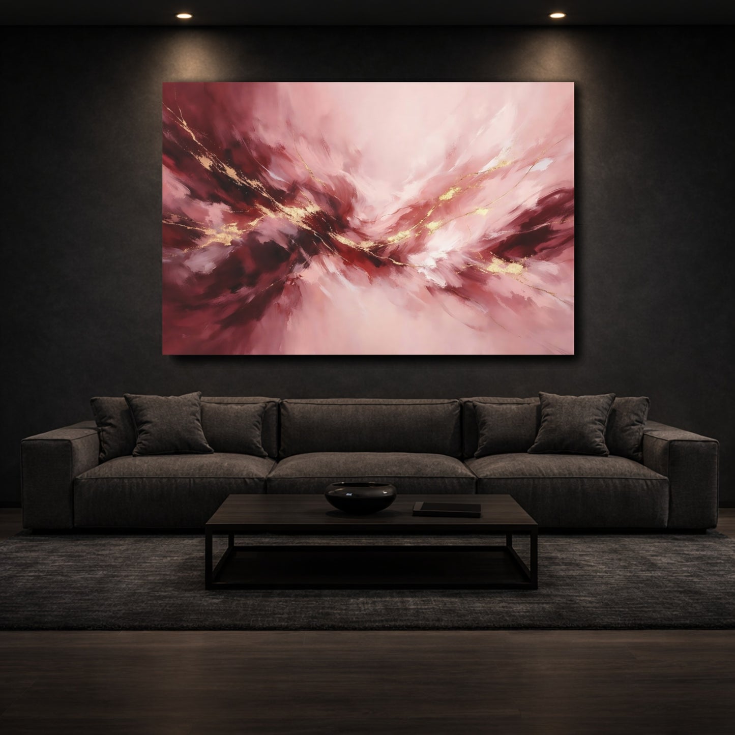 Mockup 2. Abstract Abstract Swirls Pink Gold Abstract shown as stretched canvas wall art