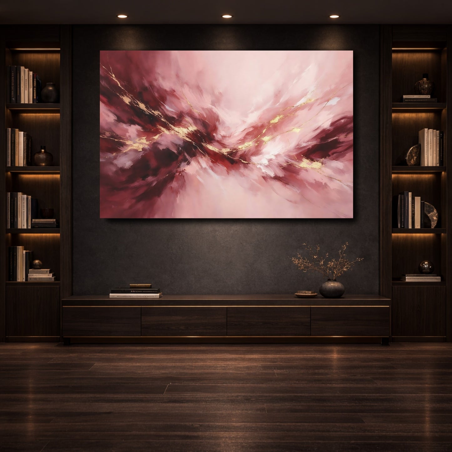 Mockup 3. Abstract Abstract Swirls Pink Gold Abstract shown as stretched canvas wall art