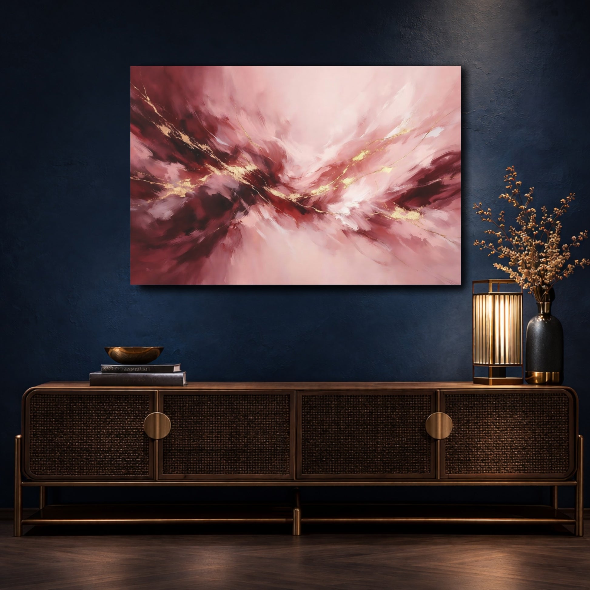 Mockup 4. Abstract Abstract Swirls Pink Gold Abstract shown as stretched canvas wall art