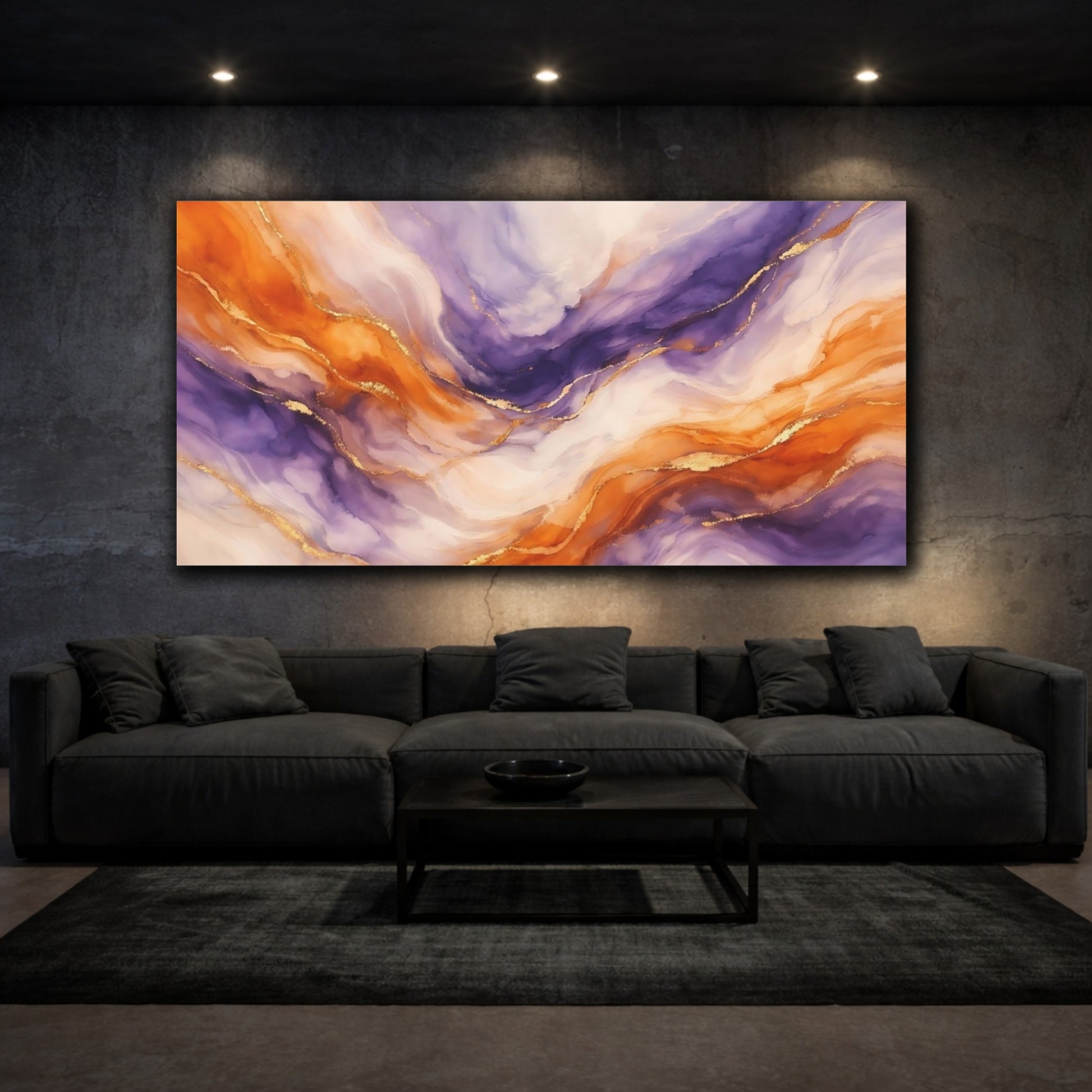 Mockup 2. Abstract Abstract Swirls Purple And Orange shown as stretched canvas wall art