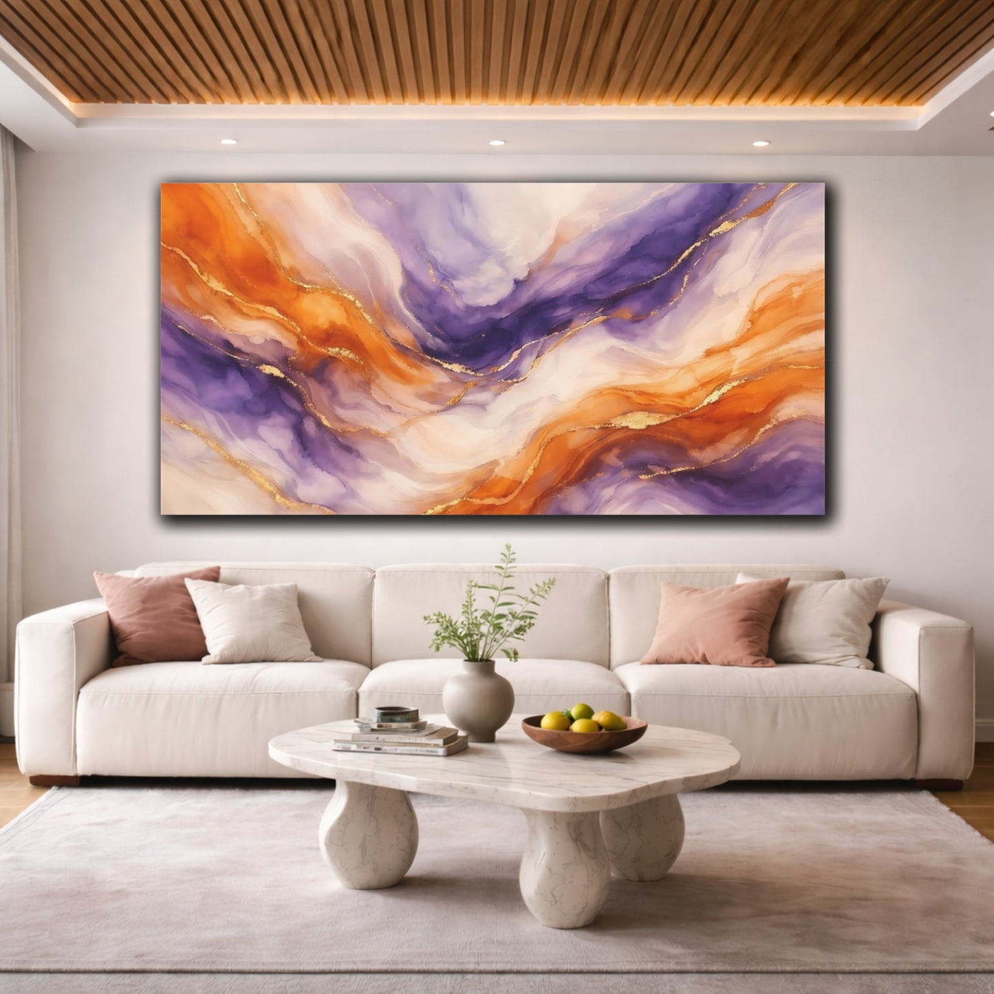 Mockup 3. Abstract Abstract Swirls Purple And Orange shown as stretched canvas wall art