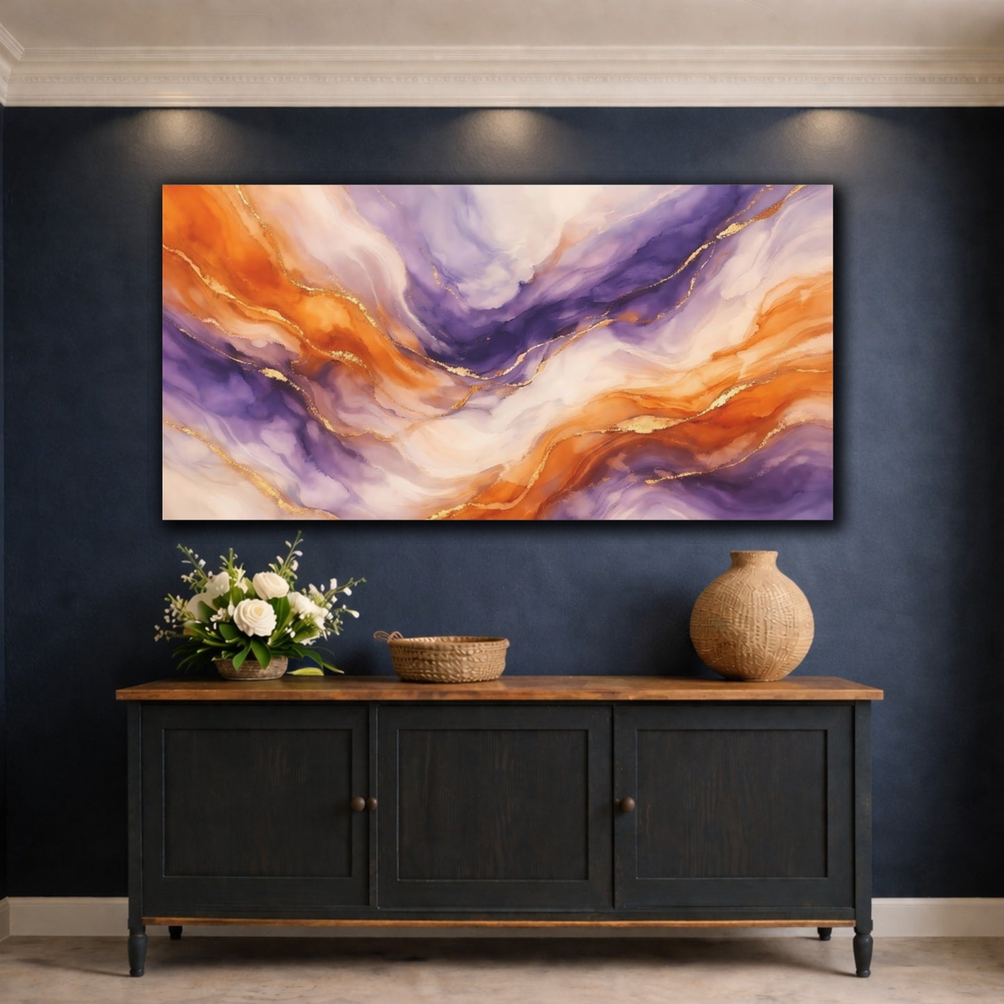 Mockup 4. Abstract Abstract Swirls Purple And Orange shown as stretched canvas wall art