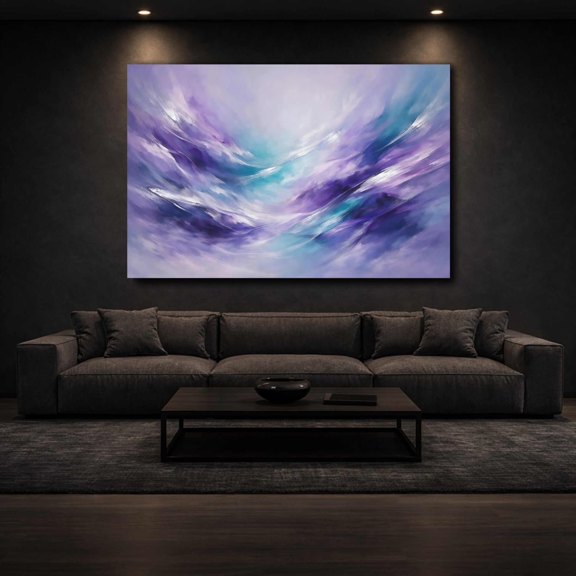 Mockup 2. Abstract Abstract Swirls Purple And Teal shown as stretched canvas wall art