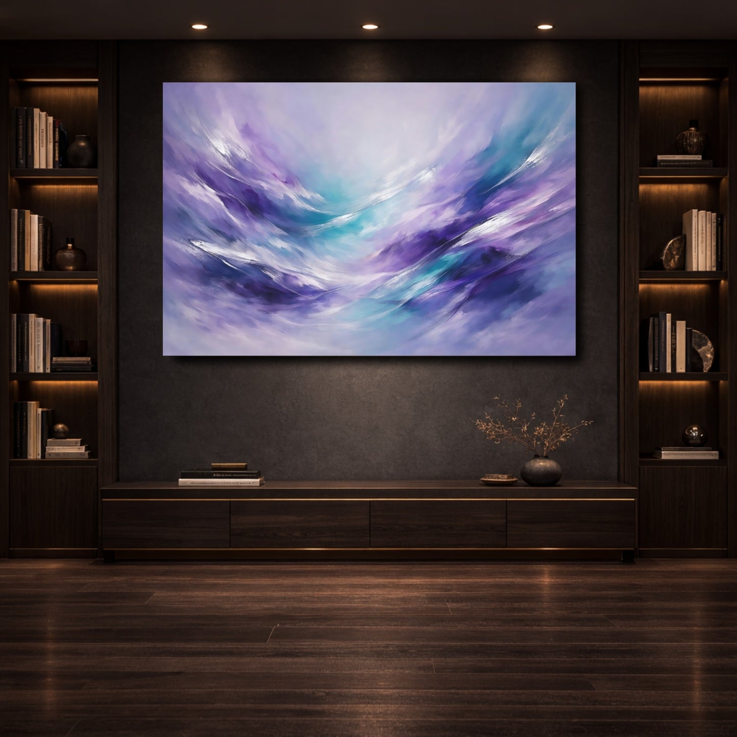 Mockup 3. Abstract Abstract Swirls Purple And Teal shown as stretched canvas wall art