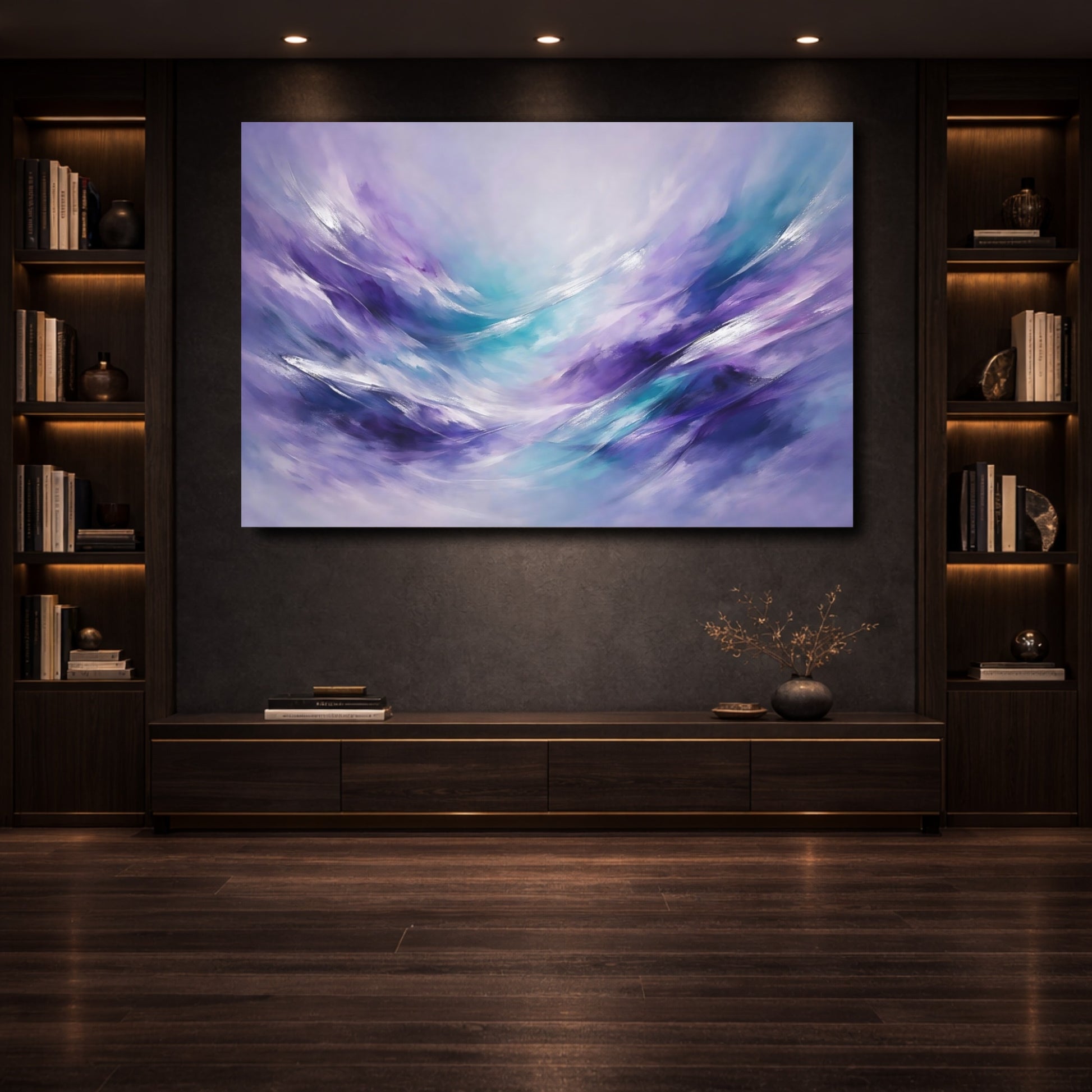 Mockup 3. Abstract Abstract Swirls Purple And Teal shown as stretched canvas wall art
