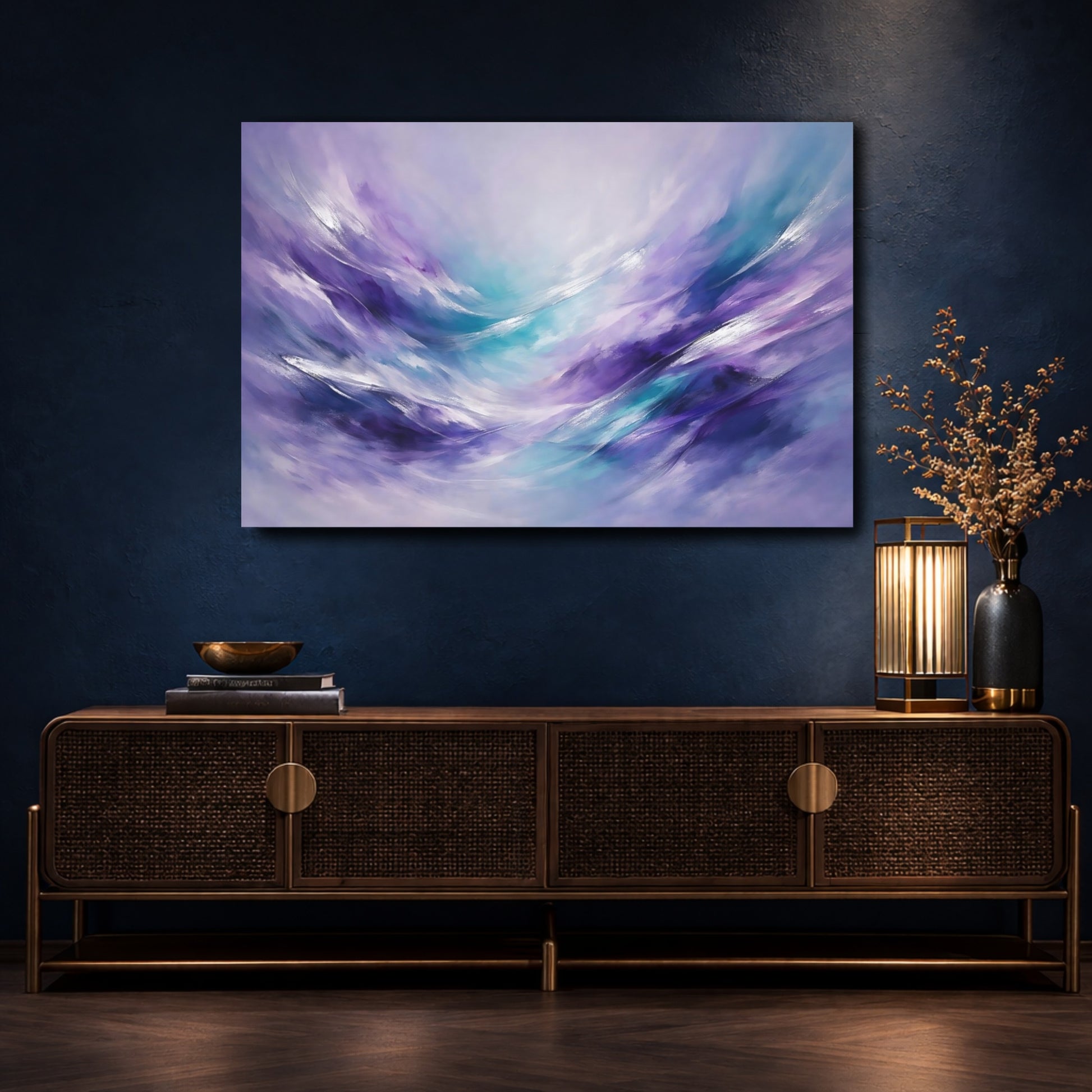 Mockup 4. Abstract Abstract Swirls Purple And Teal shown as stretched canvas wall art