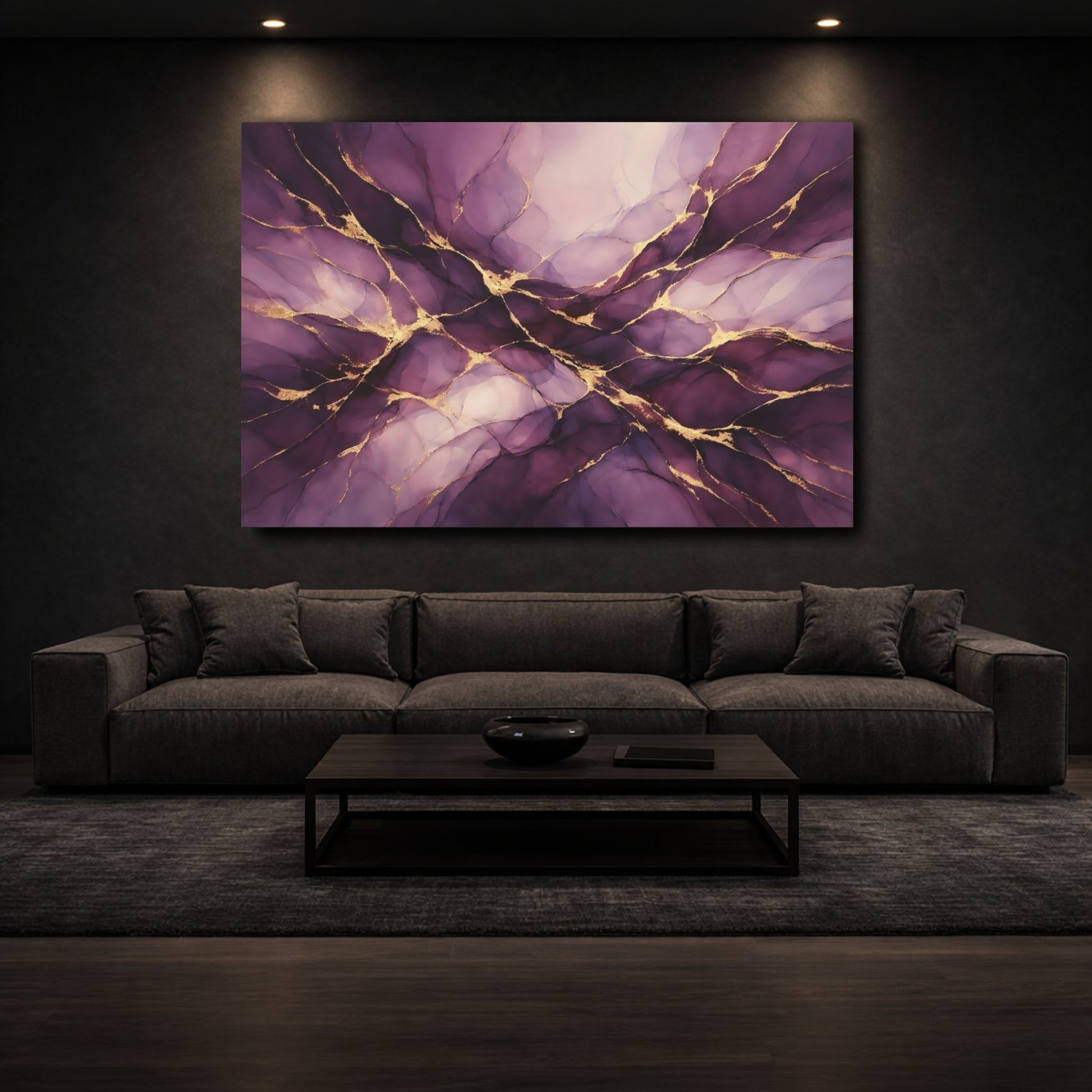 Mockup 2. Abstract Abstract Swirls Purple Gold Abstract shown as stretched canvas wall art