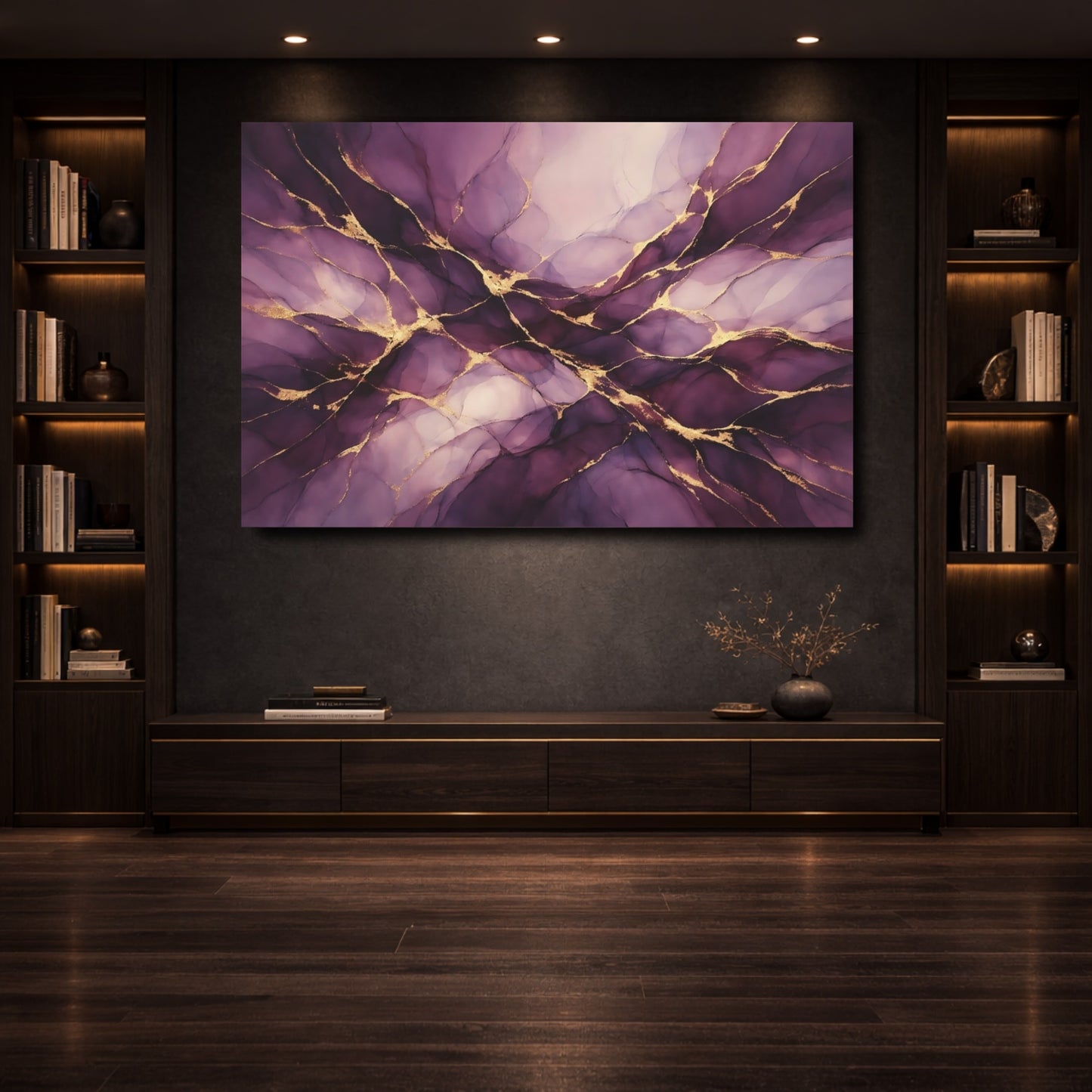 Mockup 3. Abstract Abstract Swirls Purple Gold Abstract shown as stretched canvas wall art