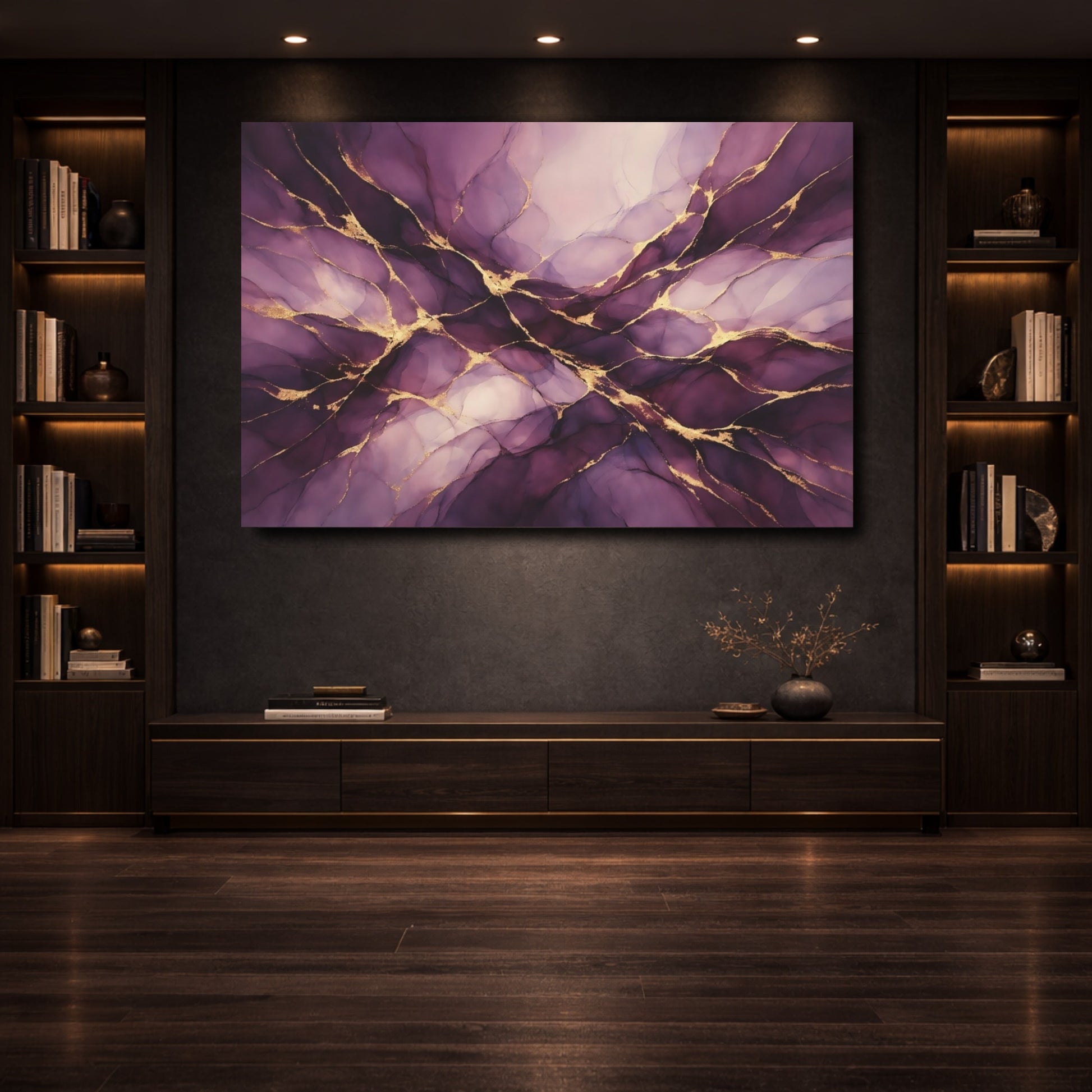 Mockup 3. Abstract Abstract Swirls Purple Gold Abstract shown as stretched canvas wall art