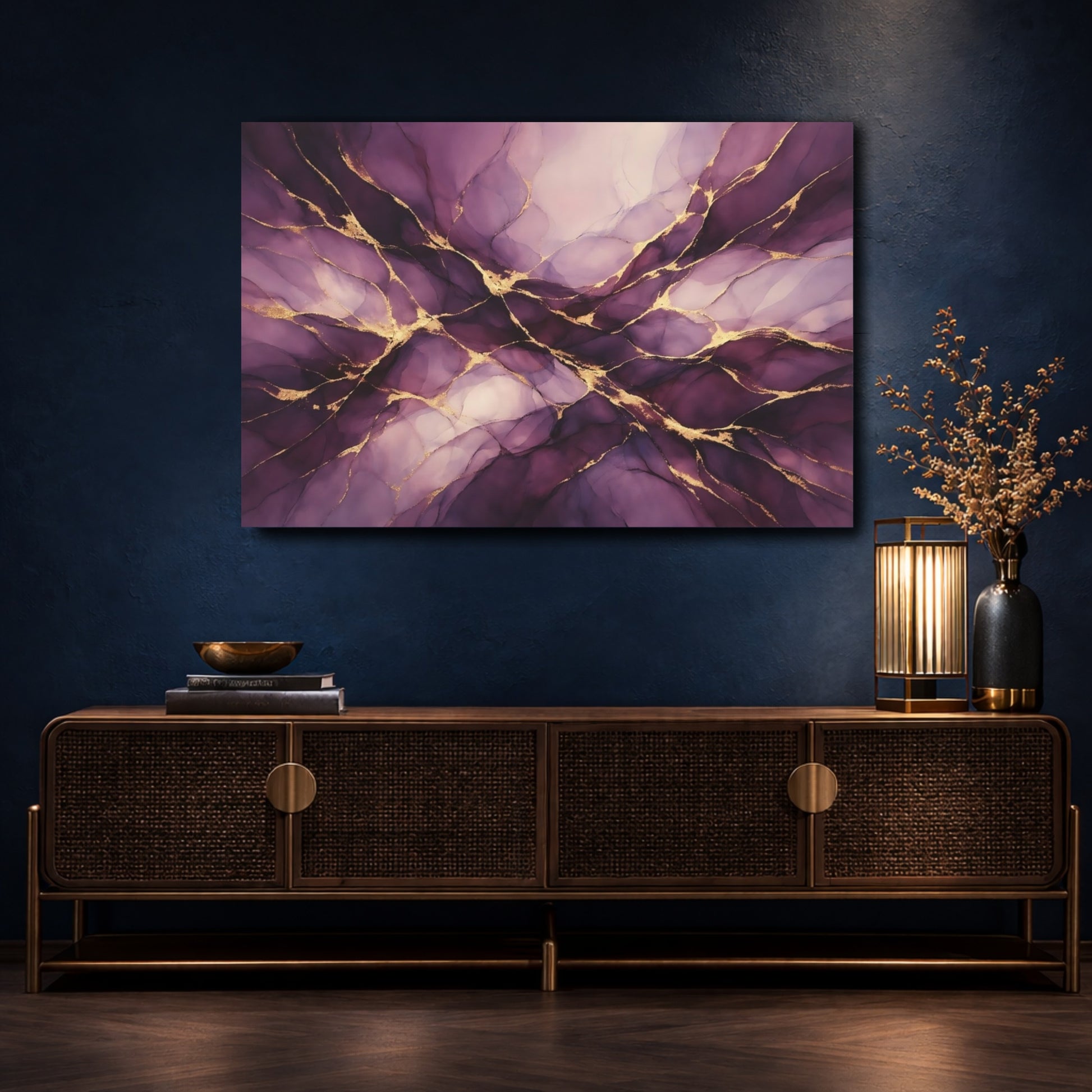 Mockup 4. Abstract Abstract Swirls Purple Gold Abstract shown as stretched canvas wall art
