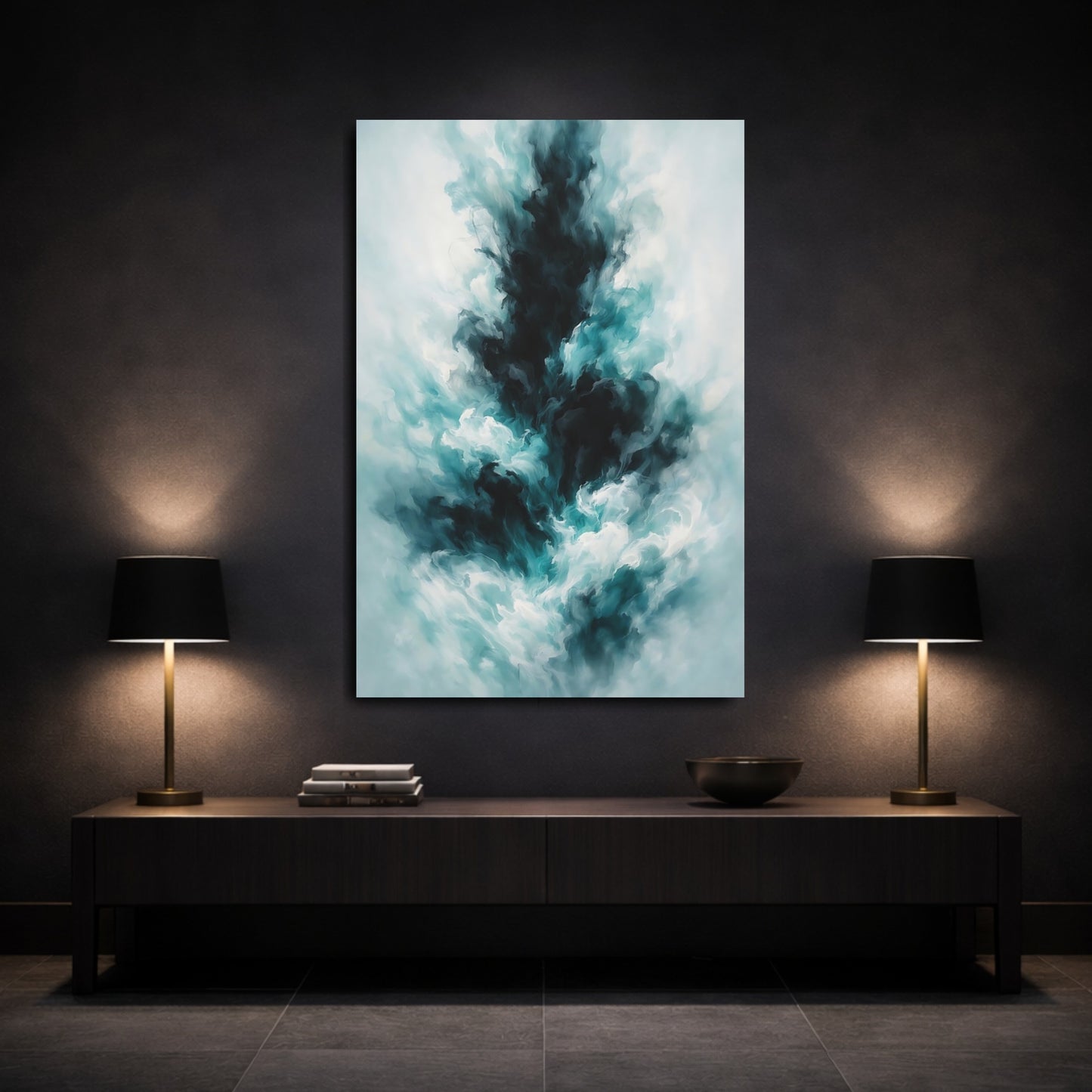 Mockup 2. Abstract Abstract Swirls Teal Black Abstract shown as stretched canvas wall art