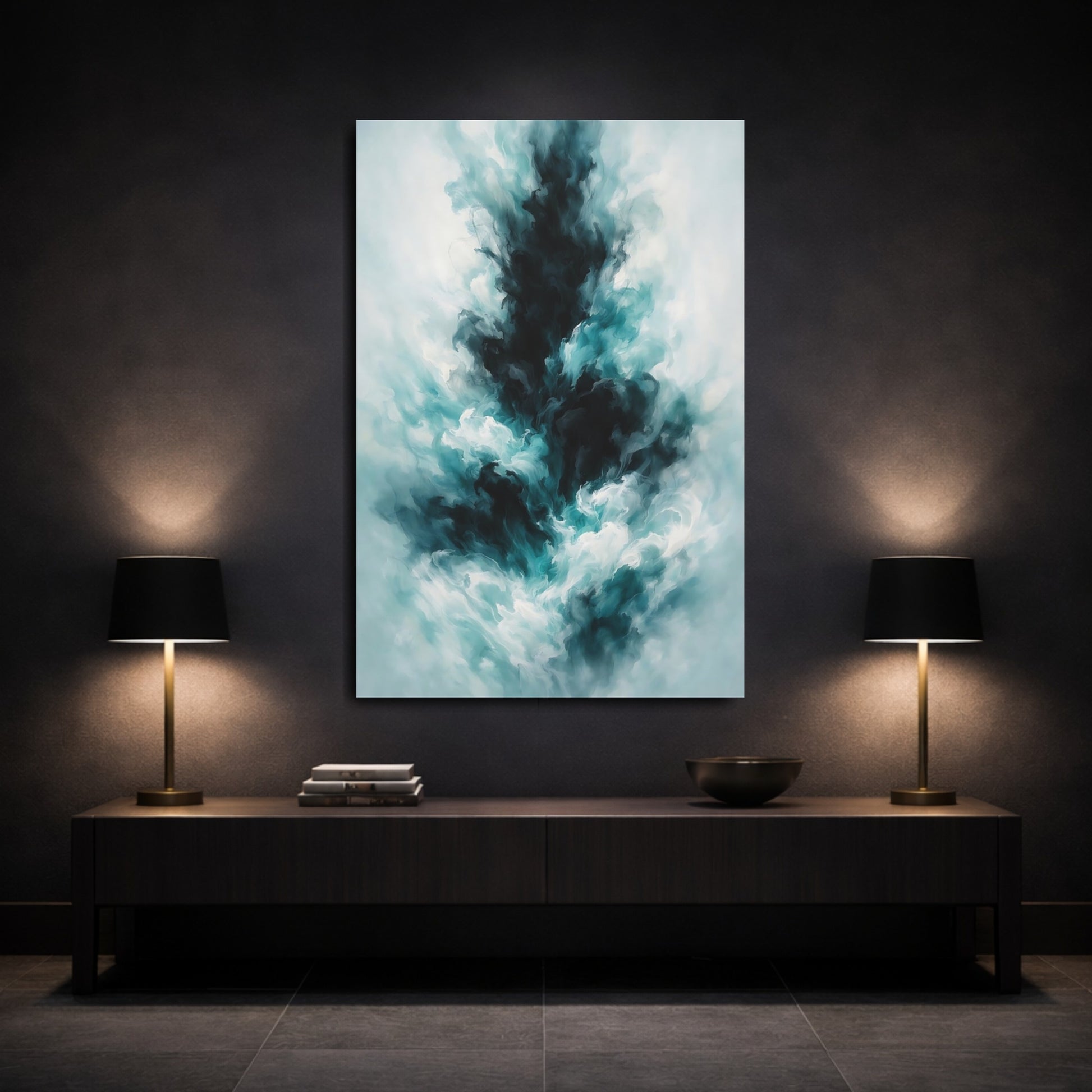 Mockup 2. Abstract Abstract Swirls Teal Black Abstract shown as stretched canvas wall art