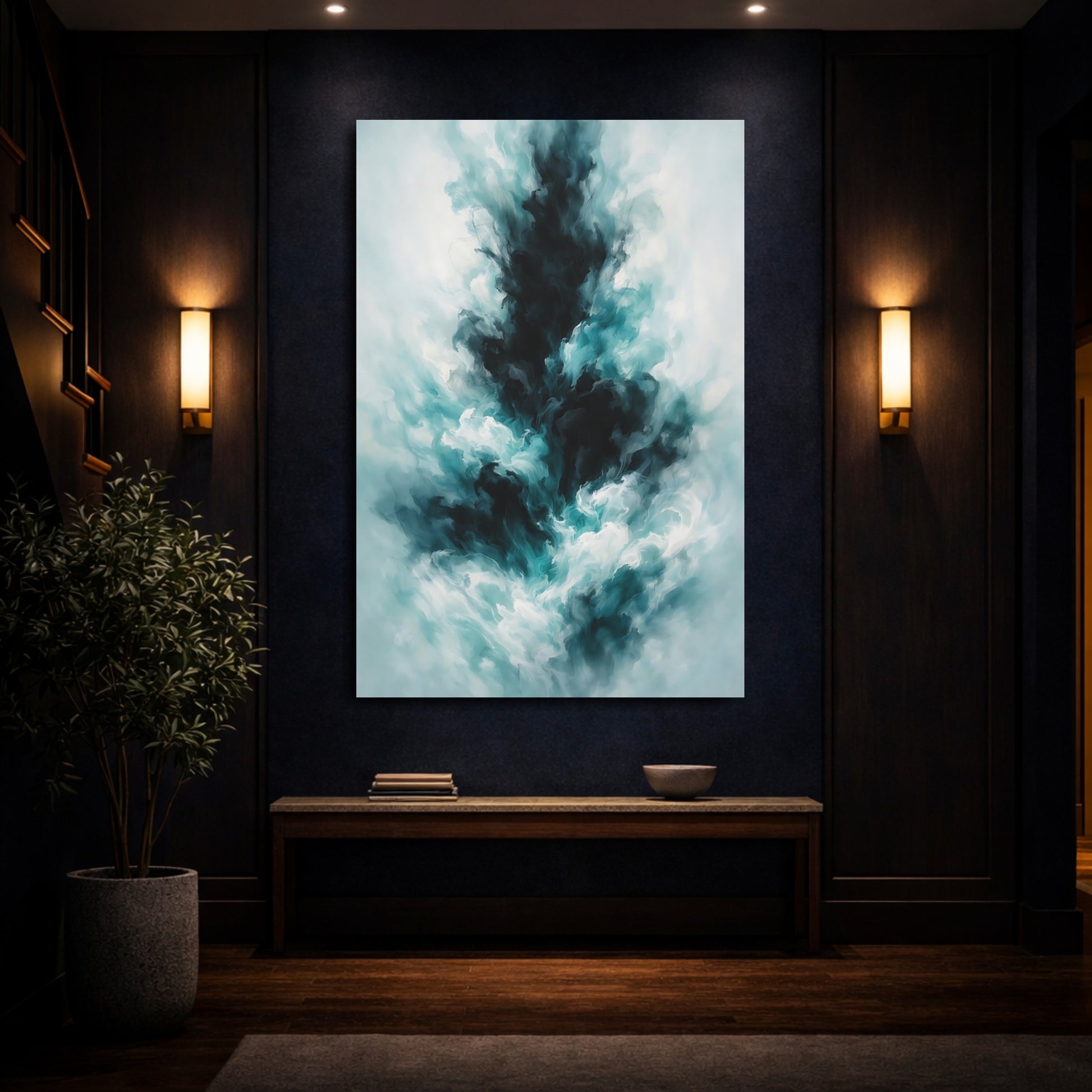 Mockup 3. Abstract Abstract Swirls Teal Black Abstract shown as stretched canvas wall art