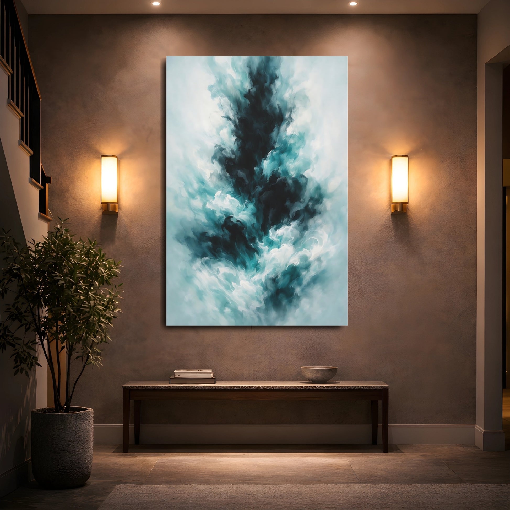 Mockup 4. Abstract Abstract Swirls Teal Black Abstract shown as stretched canvas wall art
