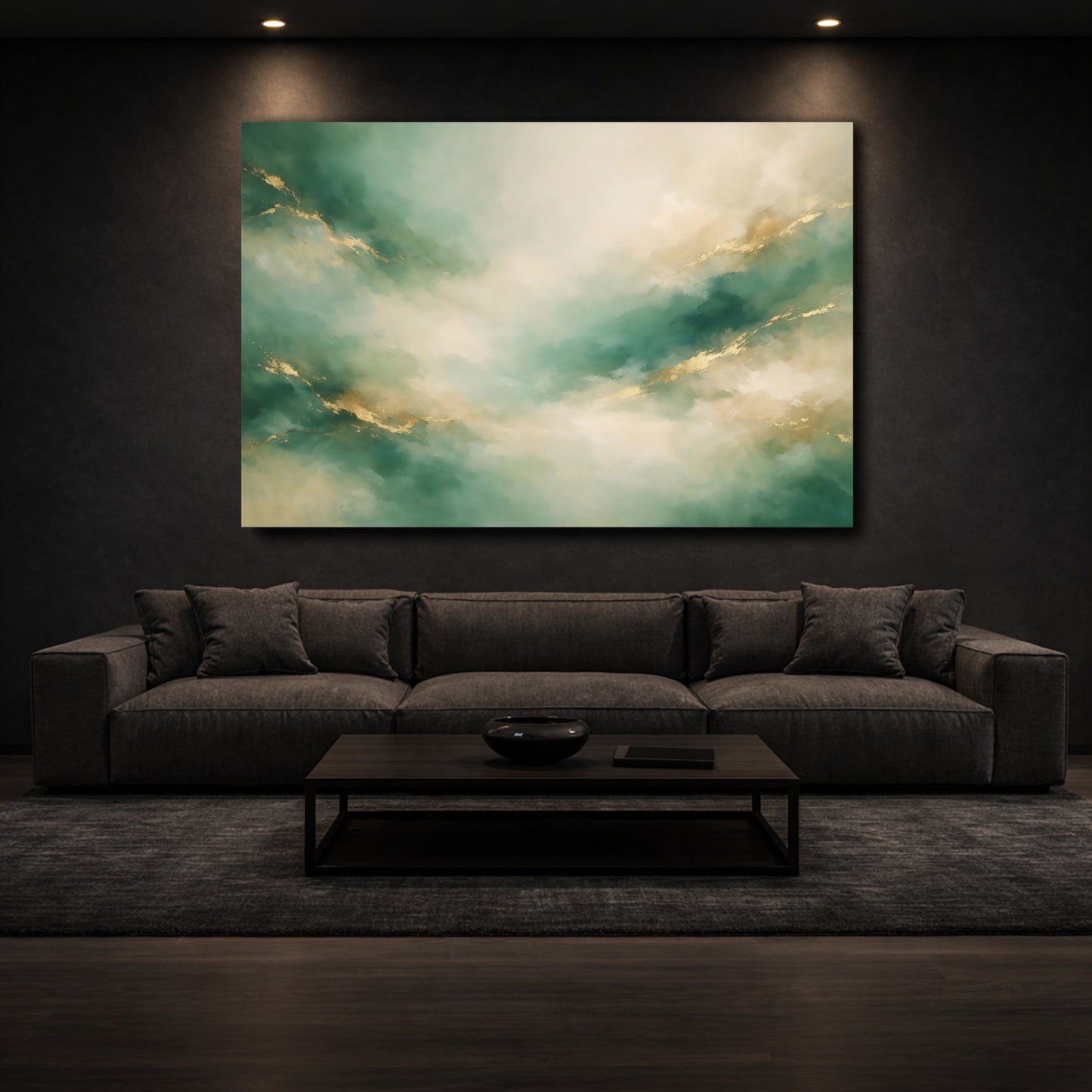 Mockup 2. Abstract Abstract Swirls Teal Gold Abstract shown as stretched canvas wall art