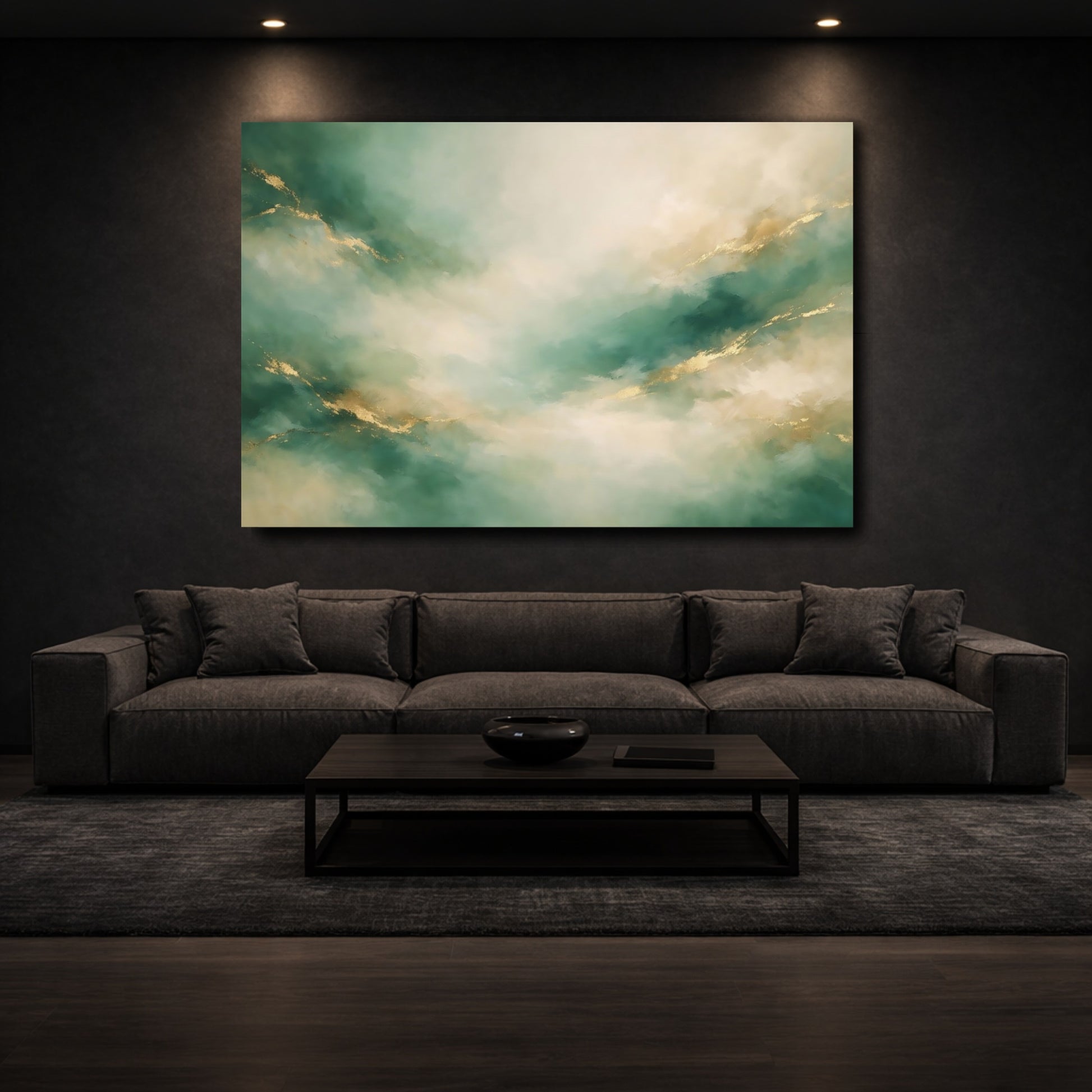 Mockup 2. Abstract Abstract Swirls Teal Gold Abstract shown as stretched canvas wall art