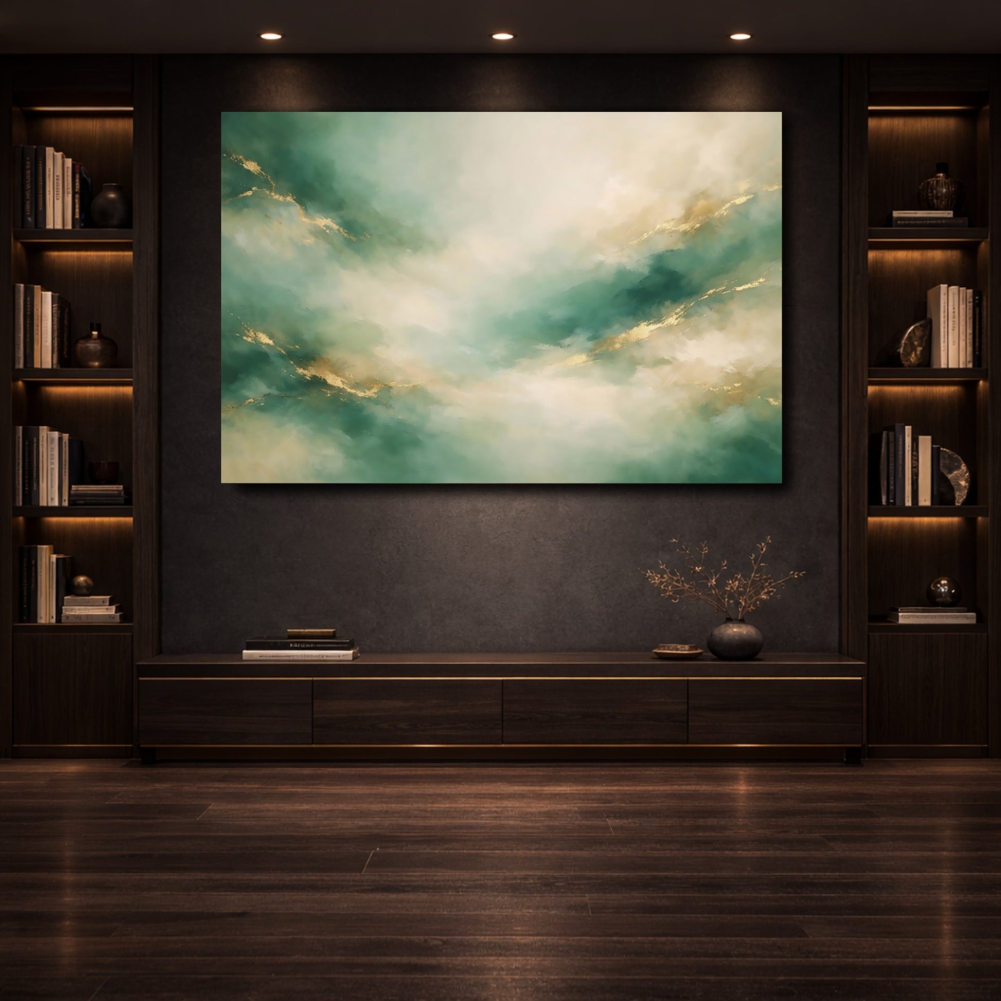 Mockup 3. Abstract Abstract Swirls Teal Gold Abstract shown as stretched canvas wall art
